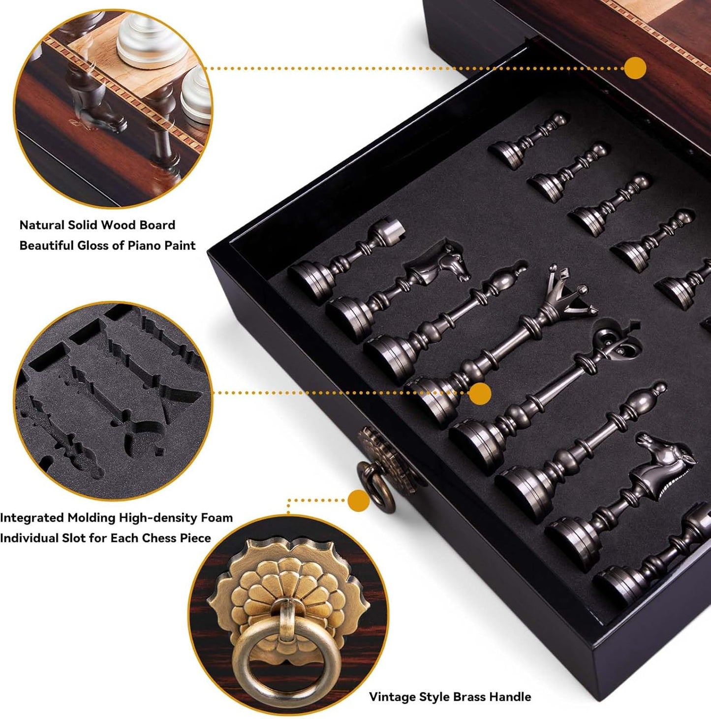AMEROUS 19.6 Inches Wooden Chess Set with Metal Chess Pieces- 4.5'' King - 2 Built-in Storage Drawers - Gift Packaging,Tournament Chess Board Games