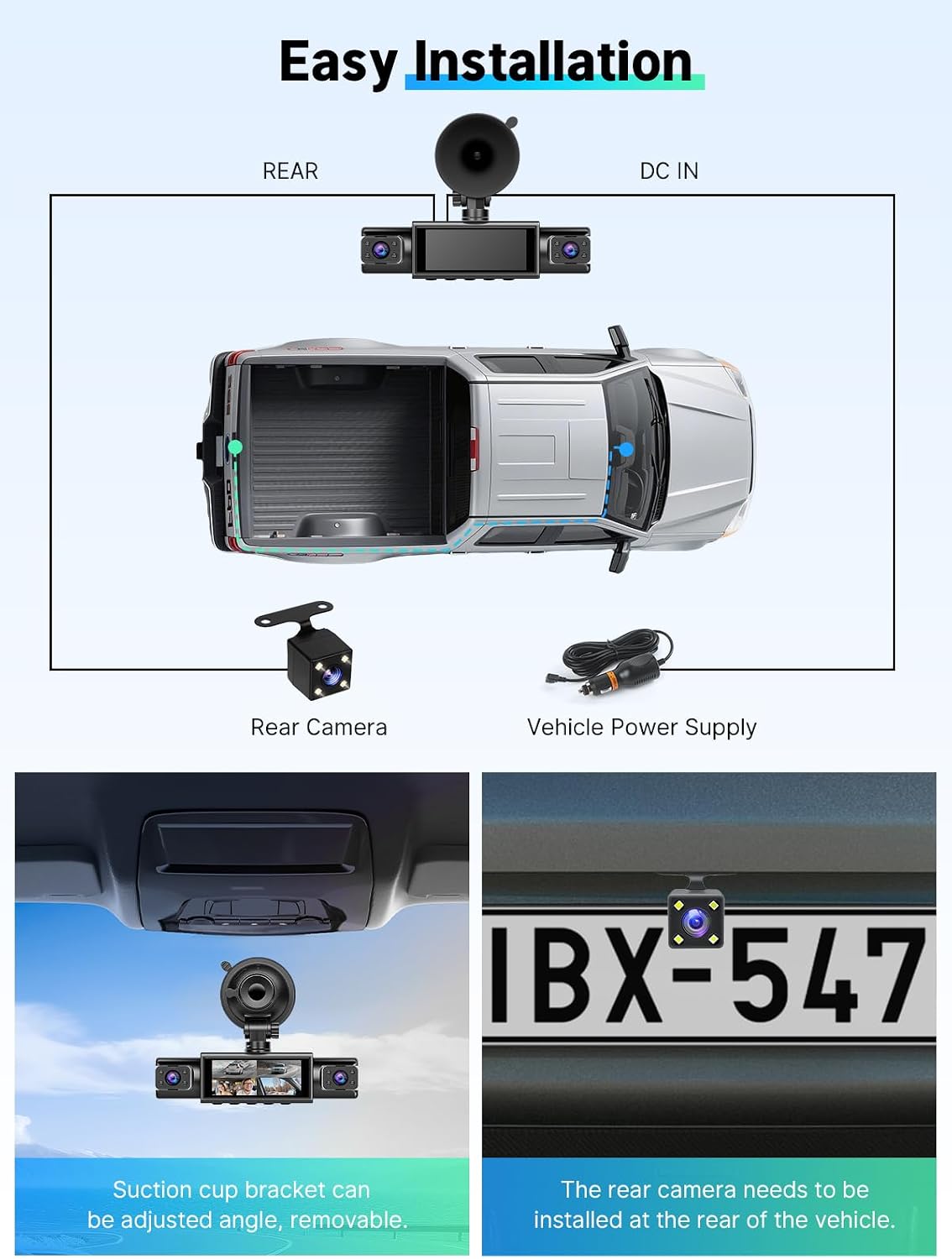 64GB 4 Channel Dash Cam 360° View, Car Dash Cam Front and Back 3.0 Inches Y-DC315, with Hardwire Kit