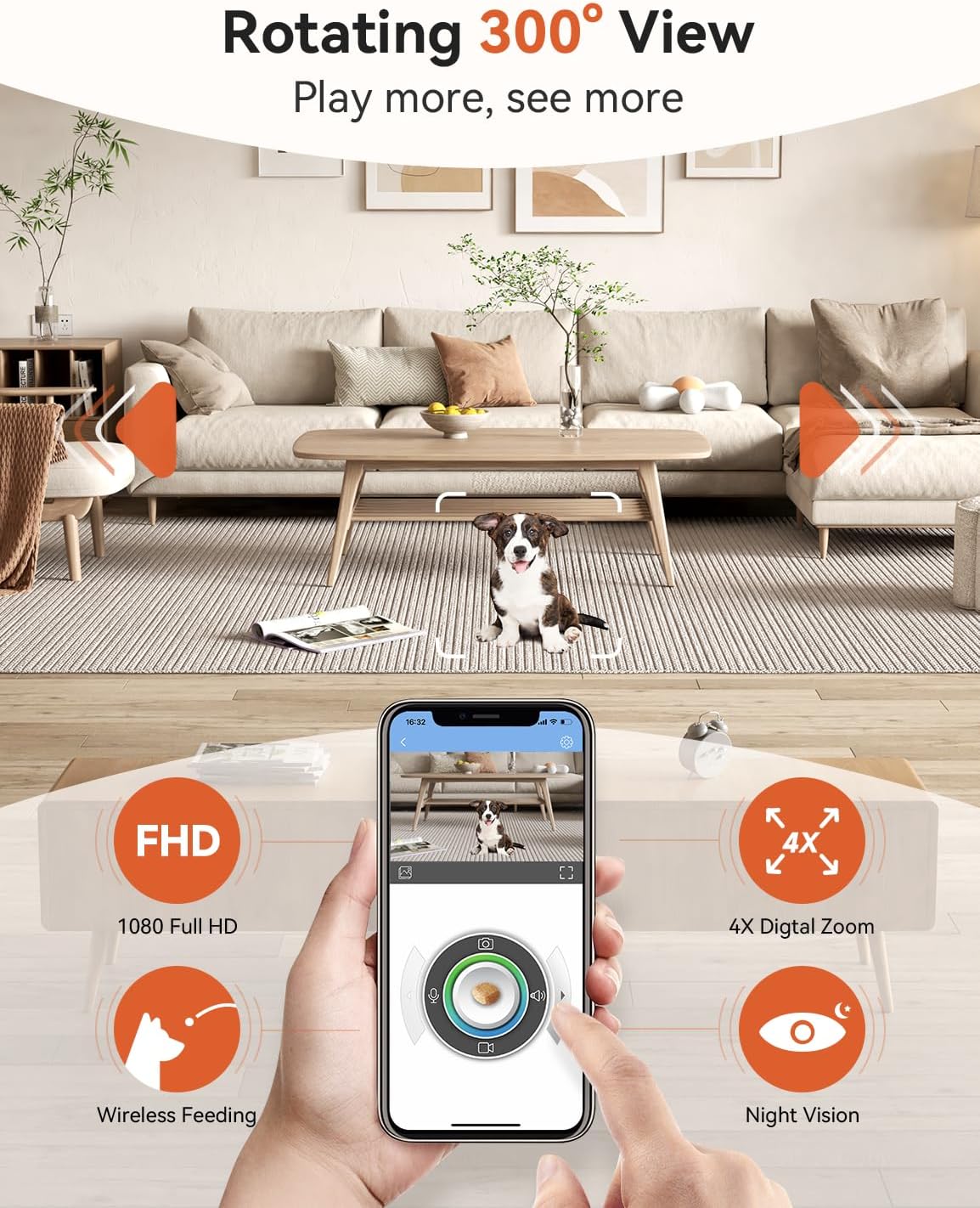 WOPET D100 5G WiFi Dog Camera, 300 Rotating Pet Camera Treat Dispenser with 165 Wide Angle View for Phone App Monitor Pets, 1080P HD, 2-Way Audio,