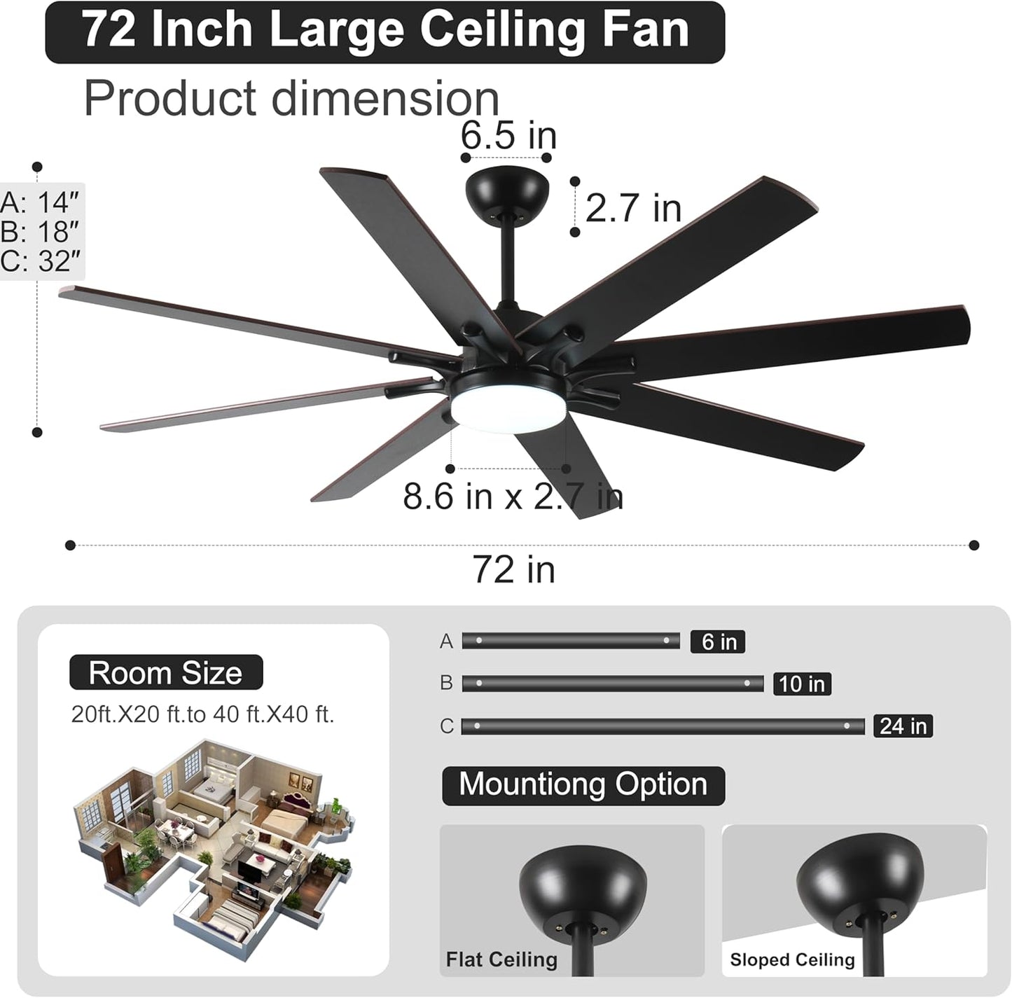 72' Smart Ceiling Fan with Light & Remote, Dimmable 6-Speed WiFi Alexa Control, Quiet DC Motor, Indoor/Outdoor