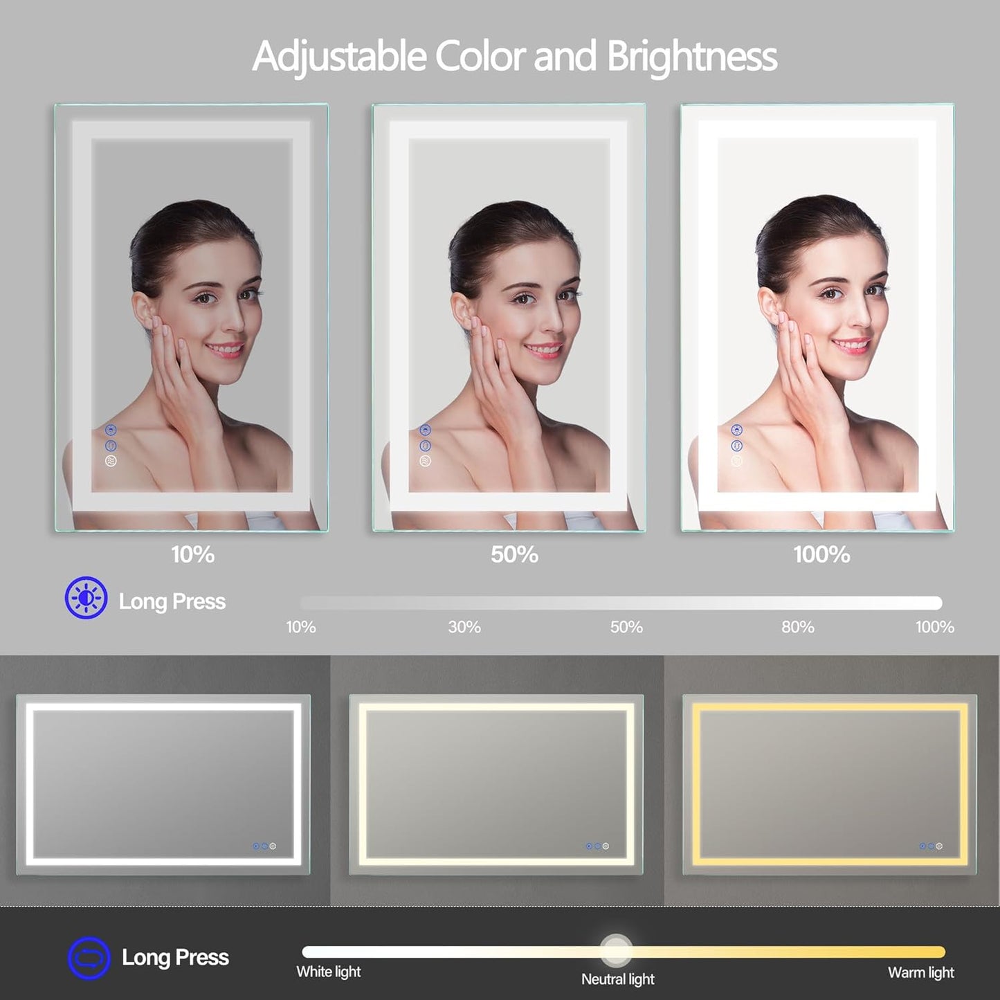 36x28 inch LED Mirror, Bathroom Vanity Mirror with Light, Wall Mounted Vanity for Bathroom Makeup, Stepless Dimmable and Color.