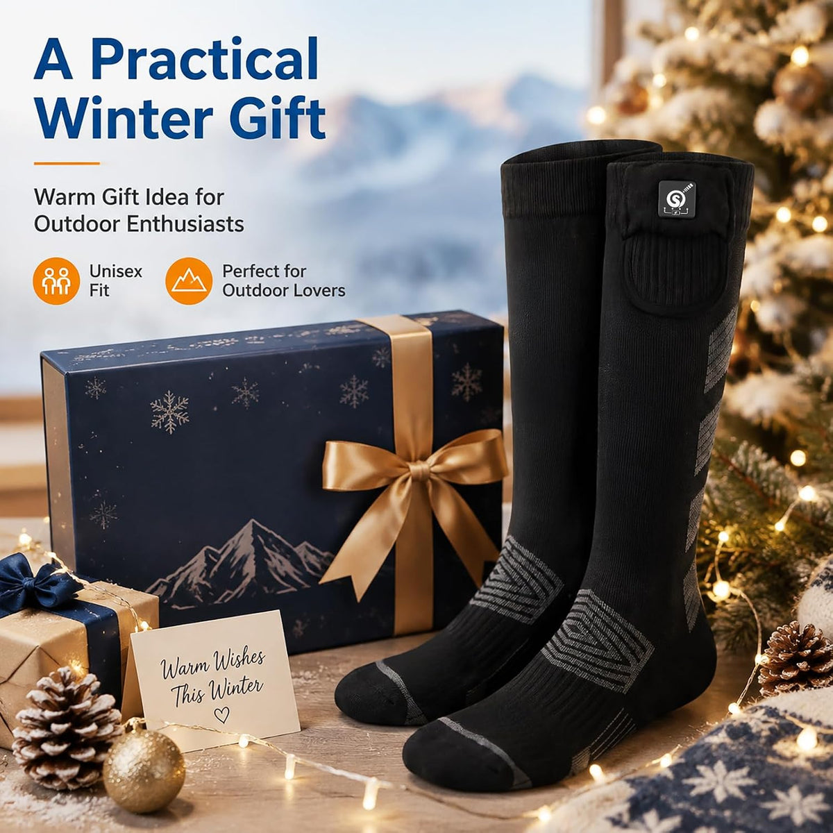 Sun Will Heated Socks for Men Women, 3 Heat Settings, USB Rechargeable Black Medium