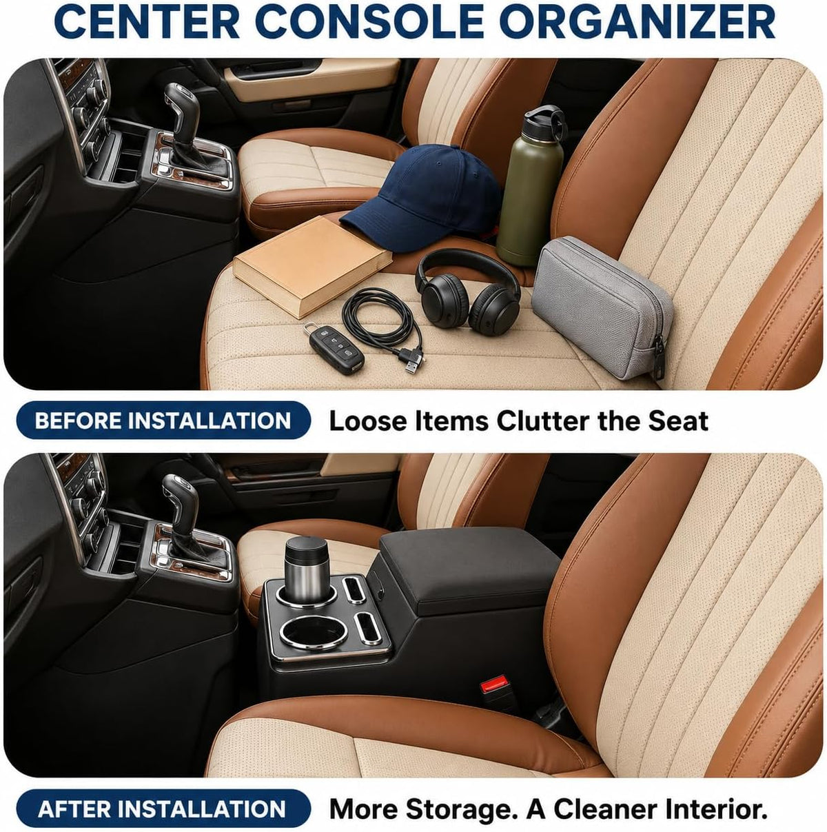 Bench Seat Center Console for Trucks, Cup and Phone Holders, Black
