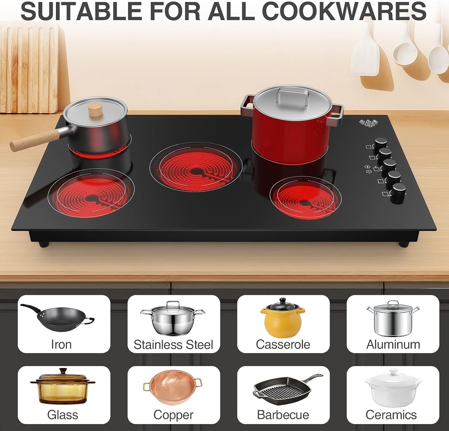 5 Burner Electric Infrared Cooktop 36 inch, Kid-safe features (Plug NOT included, Must be hardwired in or find a compatible plug)