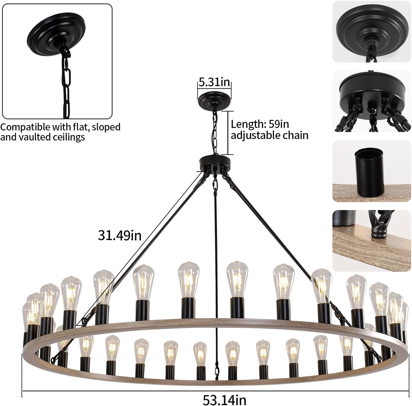 WOGON WEEL Wagon Wheel Chandelier Oak Wood Tone Finish 30-Light 53-Inch, Round Rustic Farmhouse Chandelier Extra Large for High Ceilings, Dining
