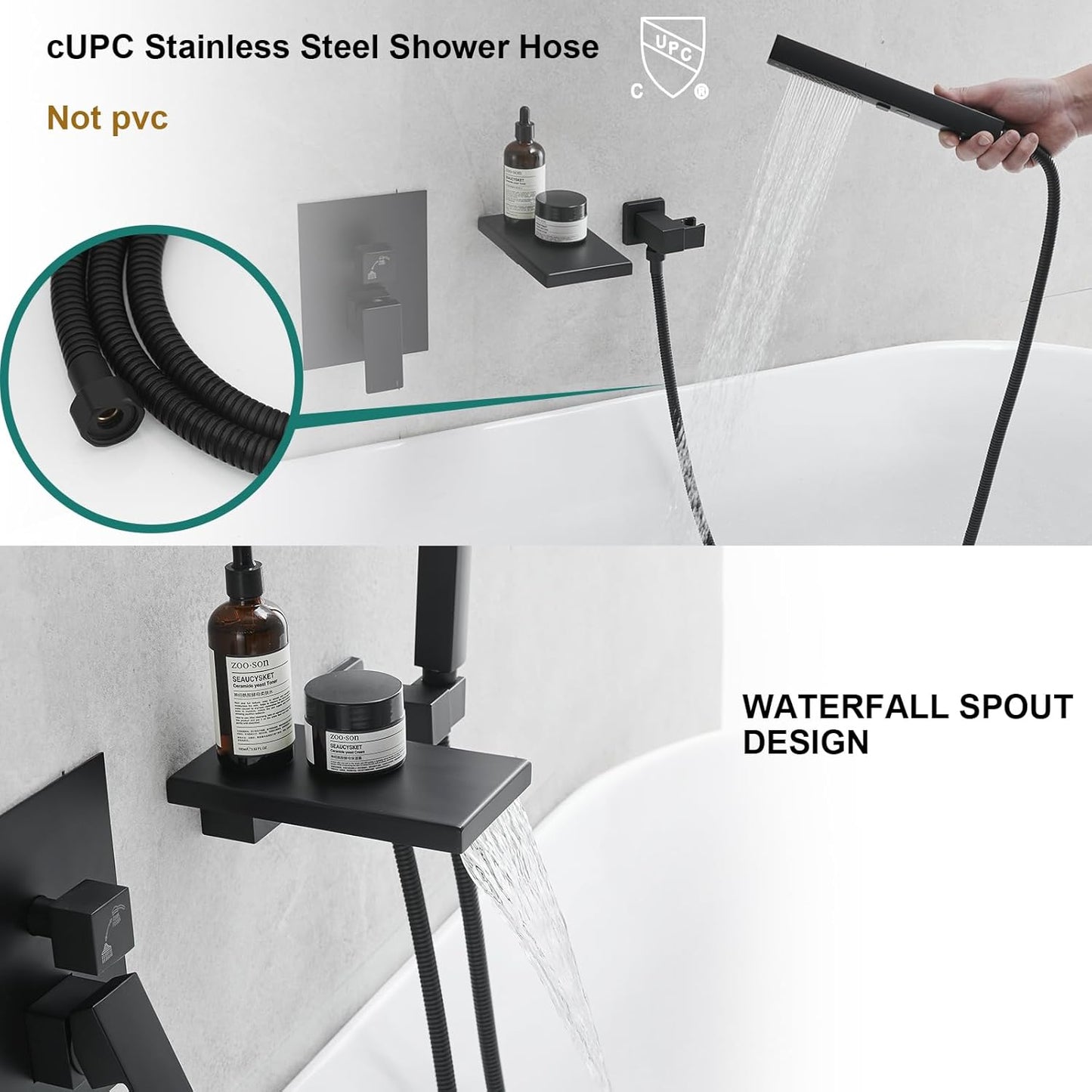 Hoimpro Brass Wall Mount Waterfall Bath Tub Faucets with Handheld Sprayer, Bathtub Faucets Set Roman Tub Filler, Bathro