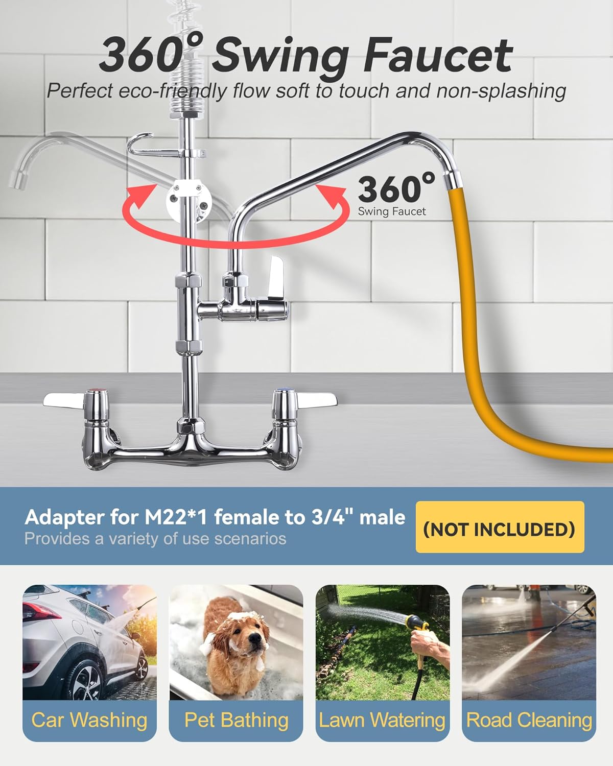 Commercial Kitchen Faucet Wall Mount with Pre-Rinse Sprayer - ARCORA Industrial Restaurant 25' Height 8'' Center Compartment Sink Faucet with 9.6'