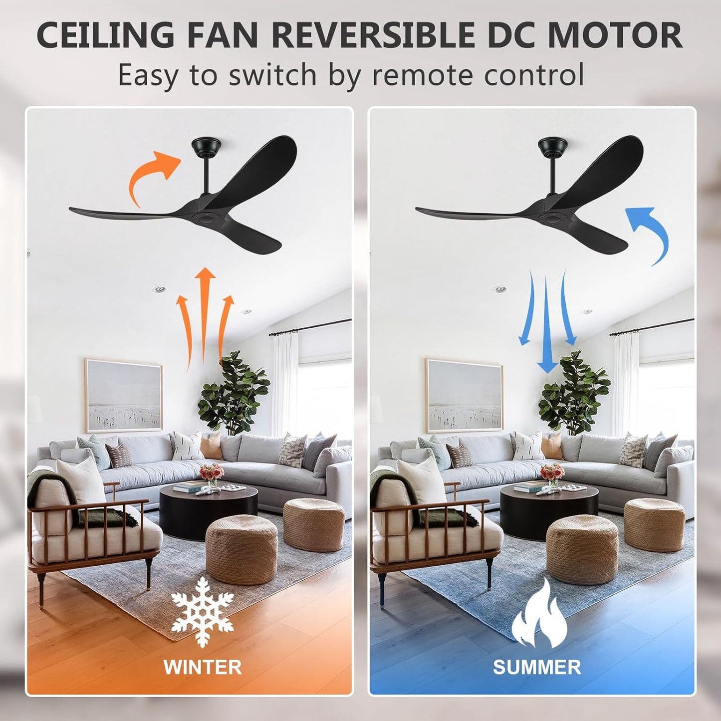 Eliora Ceiling Fan without Light, 52" Wood Ceiling Fan no Light with Remote Wall Switch, Outdoor Ceiling Fan for Patio, Porch, Bedroom, 6 Speed,