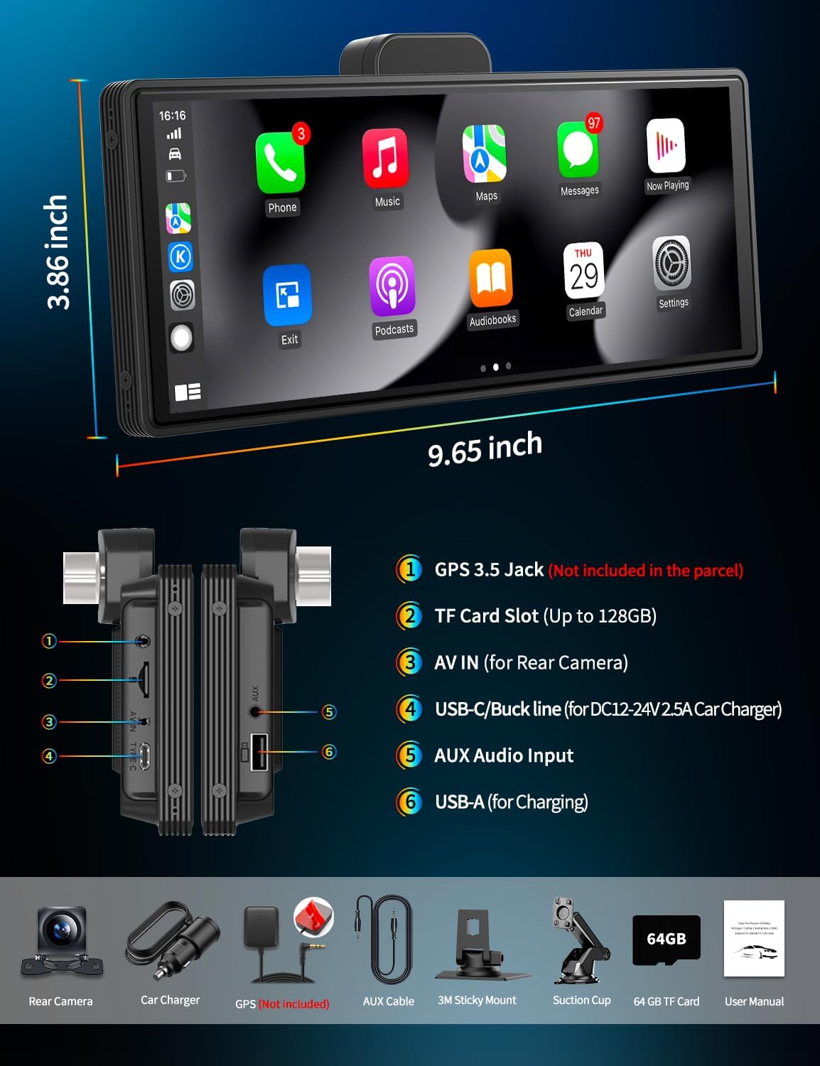 9.3' Portable Carplay Screen with 4K ADAS Dash Cam