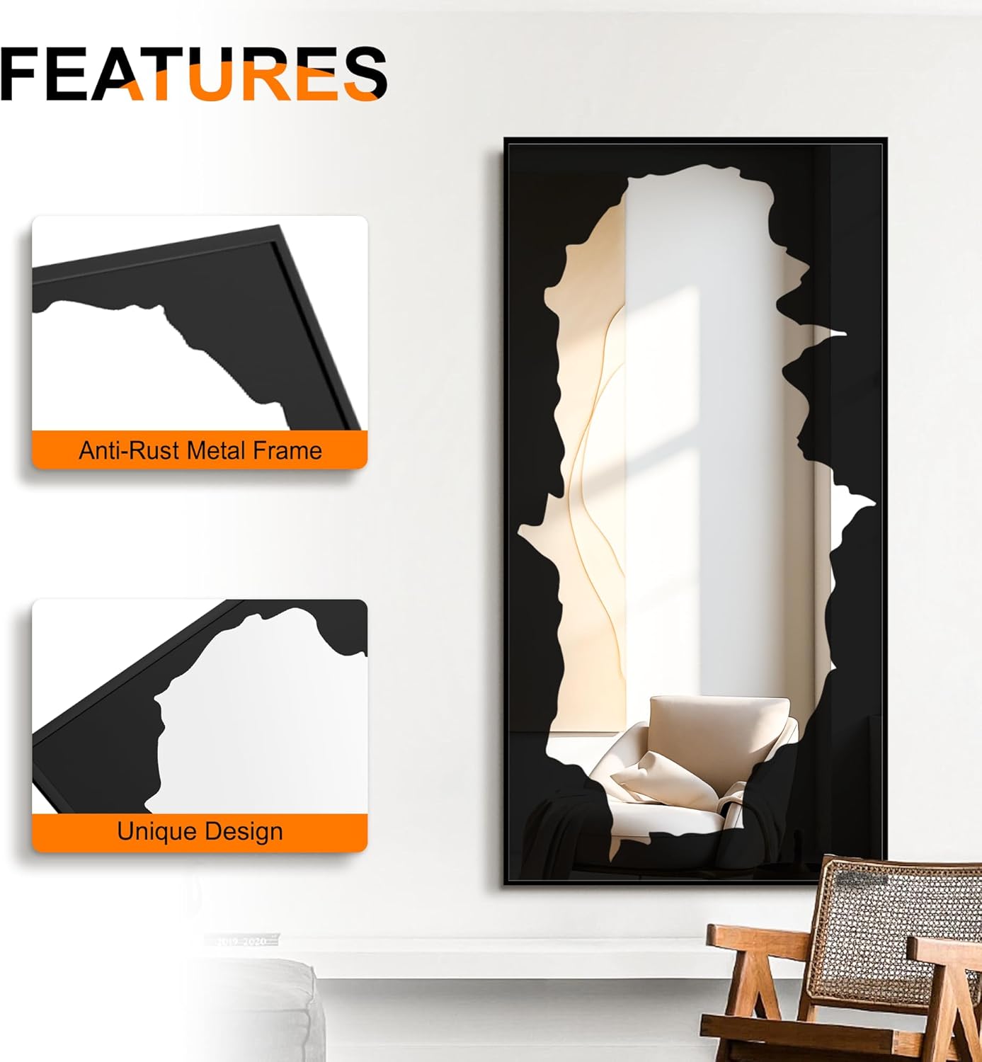 Full-Length Mirror Free Standing Leaning Mirror with Artistic Black Abstract Overlay Deco, 55"x28" Shatterproof Wall-Mounted Mirror, Perfect