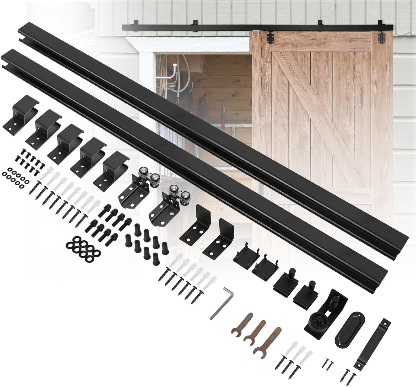 8FT Box Rail Exterior Barn Door Hardware Kit, Heavy Duty Sliding Barn Door Hardware, Wall Mount Barndoor Kit (Doors Not Included)