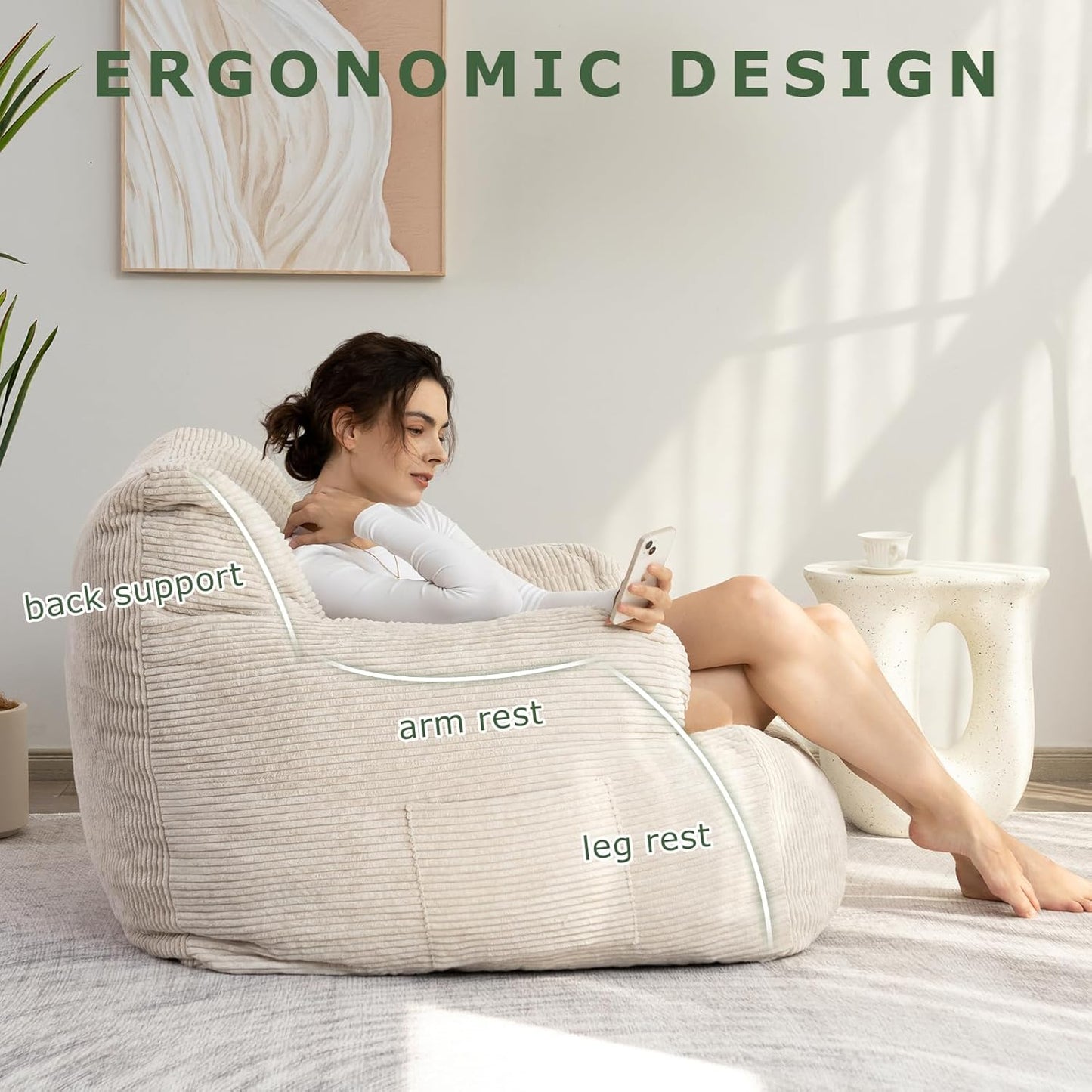 Giant Bean Bag Chair Sofa, Big Comfy Chair for Bedroom Living Room, Bean Bag Lazy Chair for Adults with Pocket Armrests for Gaming, Reading, Beige