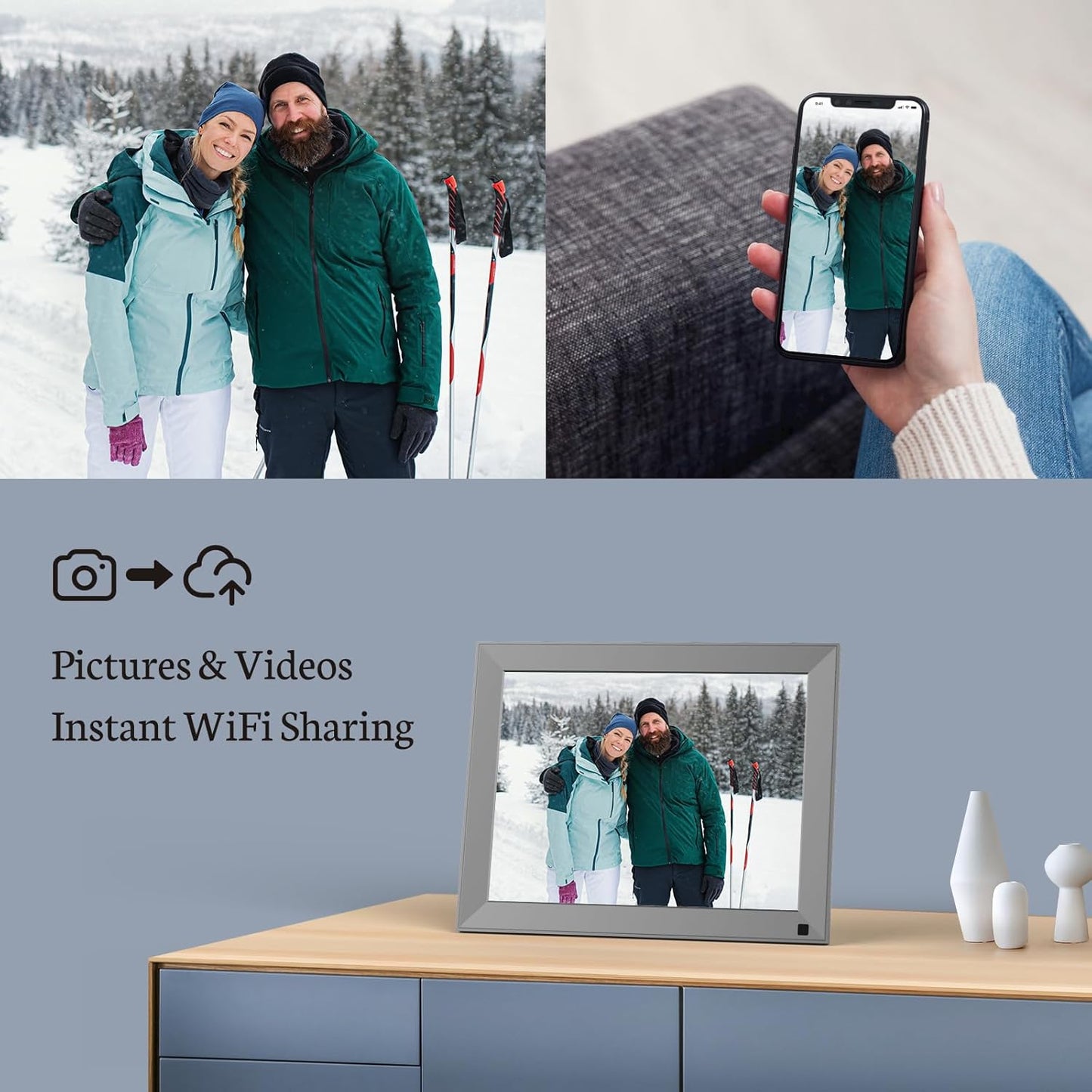 Smart 10 Inch Digital Picture Frame with IPS Touch Screen, 2K Ultra-Clear Display, Calendar, weather, sharing functions