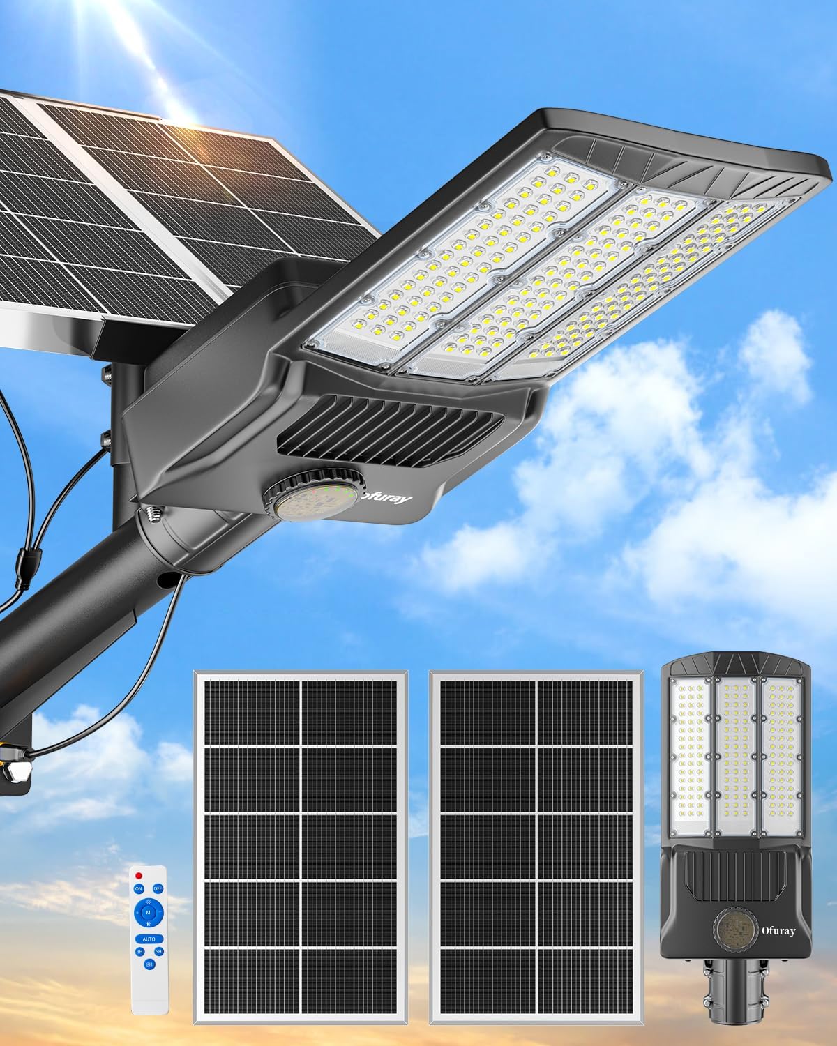 Ofuray 7800W Solar Street Lights Outdoor Waterproof, Solar Parking Lot Lights Commercial Dusk to Dawn, 6500k Street Led with Remote Control for