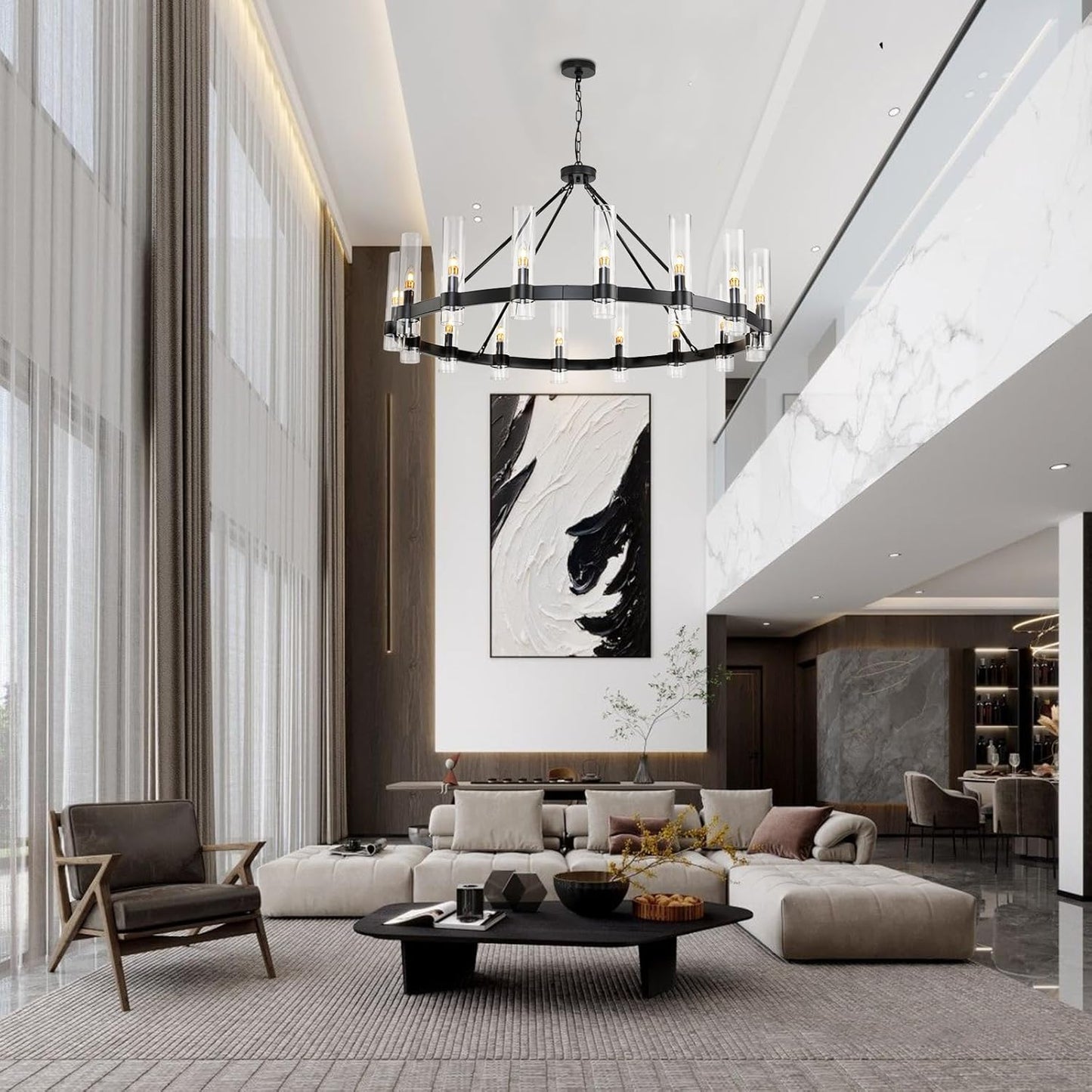 48 Inch Black Wagon Wheel Chandelier with Glass Shade, 16-Lights Black Farmhouse Chandeliers for High Ceilings, Large Round Indu
