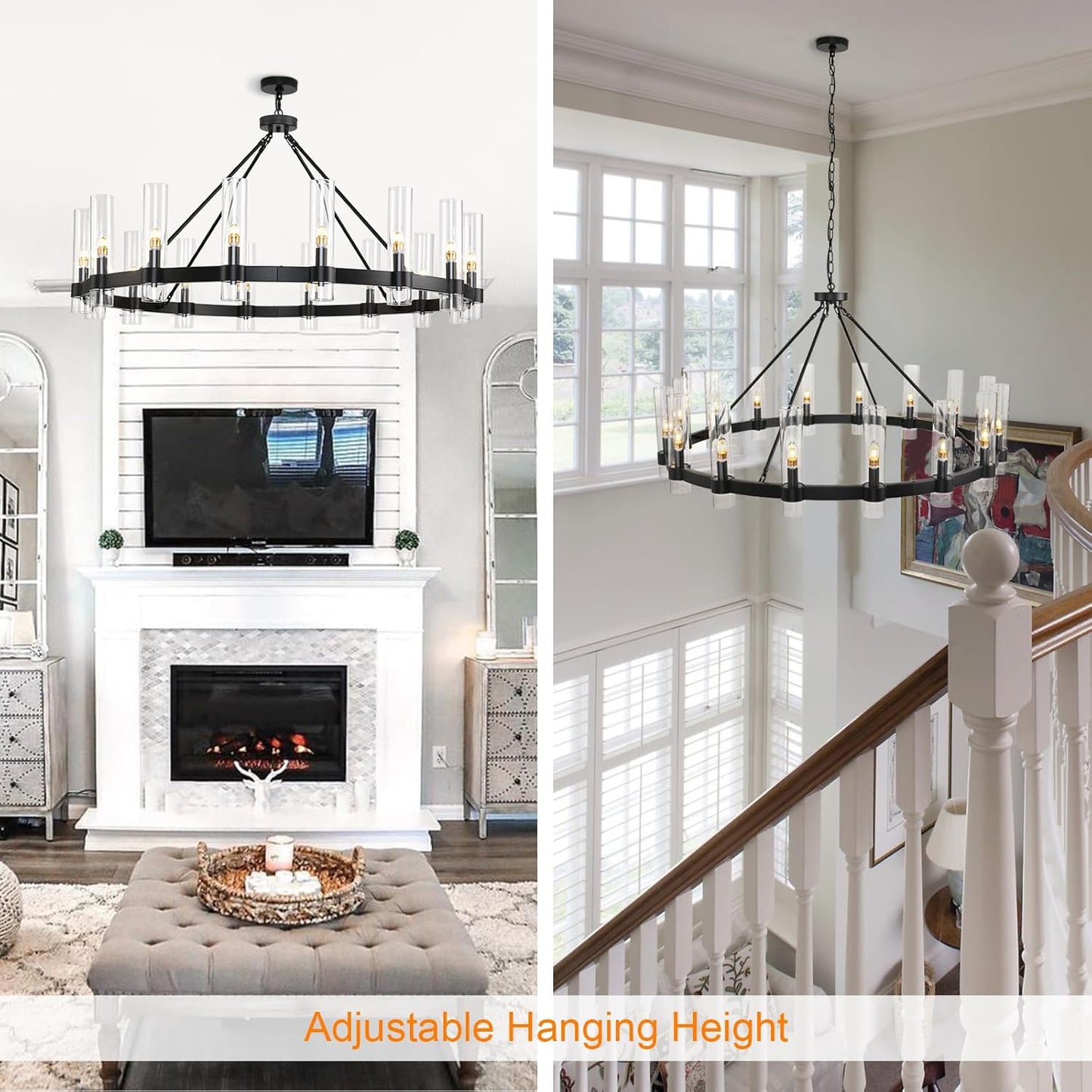 48 Inch Black Wagon Wheel Chandelier with Glass Shade, 16-Lights Black Farmhouse Chandeliers for High Ceilings, Large Round Indu