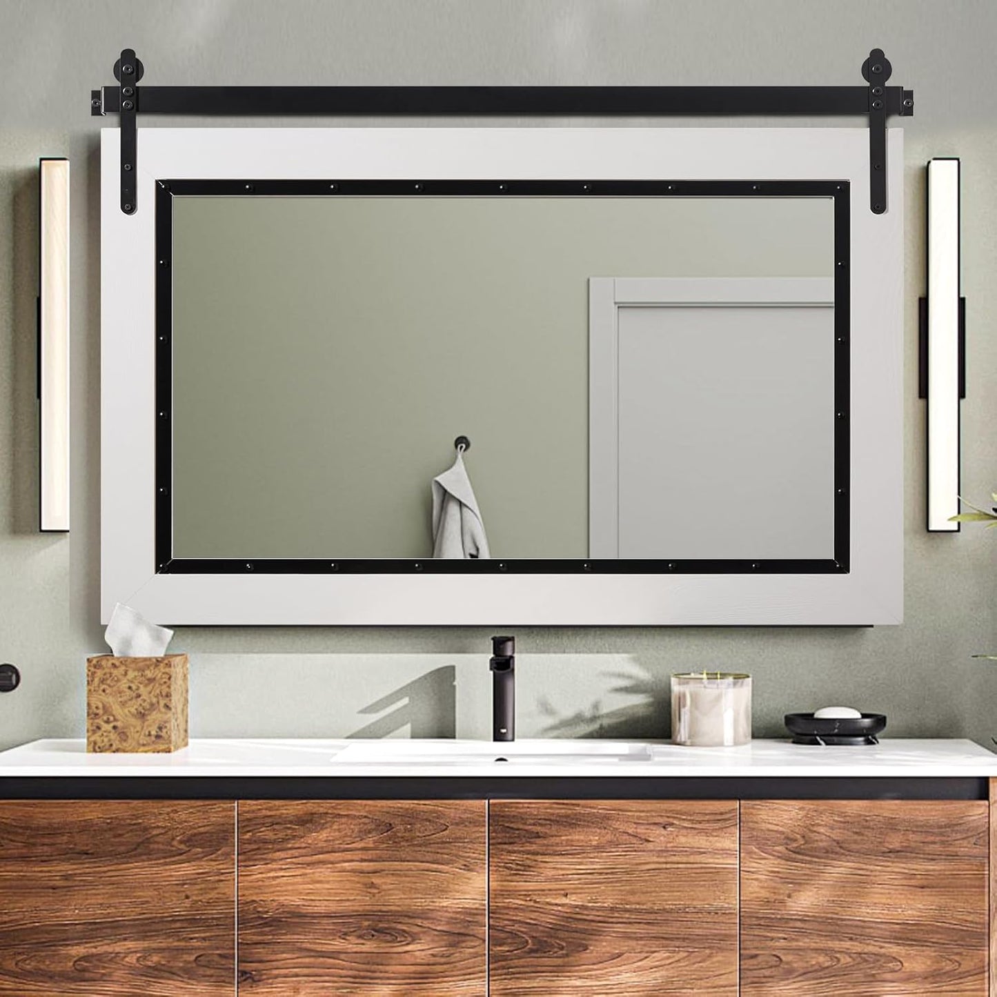 YOSHOOT Farmhouse Barn Door Mirror, 40"x26" Rustic Bathroom Mirror, Wood Frame Wall Mirror, Wooden Mirror for Living Room Bedroom Entryway