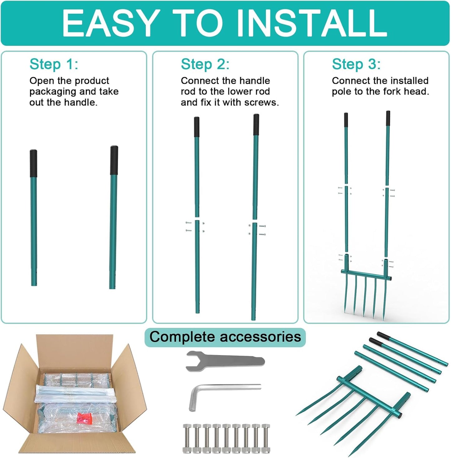5 Steel Tines 20 in Wide BroadFork Garden Tool Heavy Duty Green Hand Tiller, 55 inch Long Handle