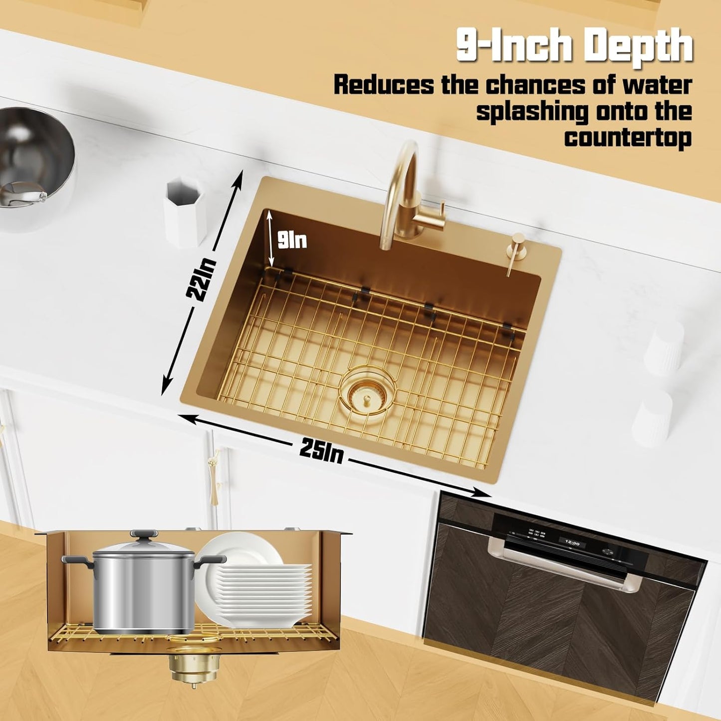 Gold Kitchen Sink, 25'x 22' Stainless Steel Drop In Kitchen Sink Single Bowl Gold Topmount Kitchen Sink With Gold