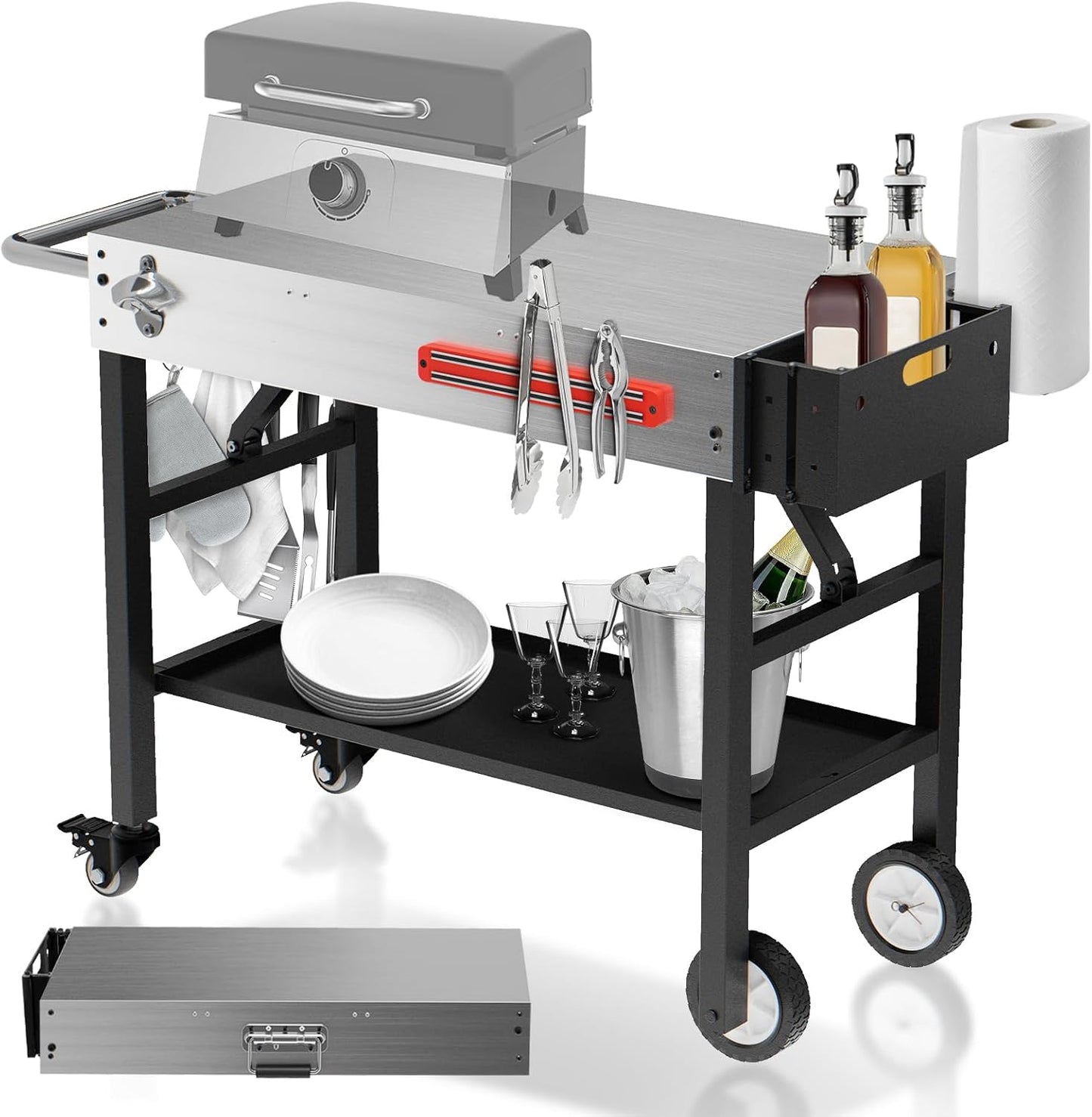 Stainless Steel Portable Outdoor Grill Table, 550 LBS Thicker Folding Grill Cart Pizza Oven Stand with Wheels, 31''W x 17''D Prep
