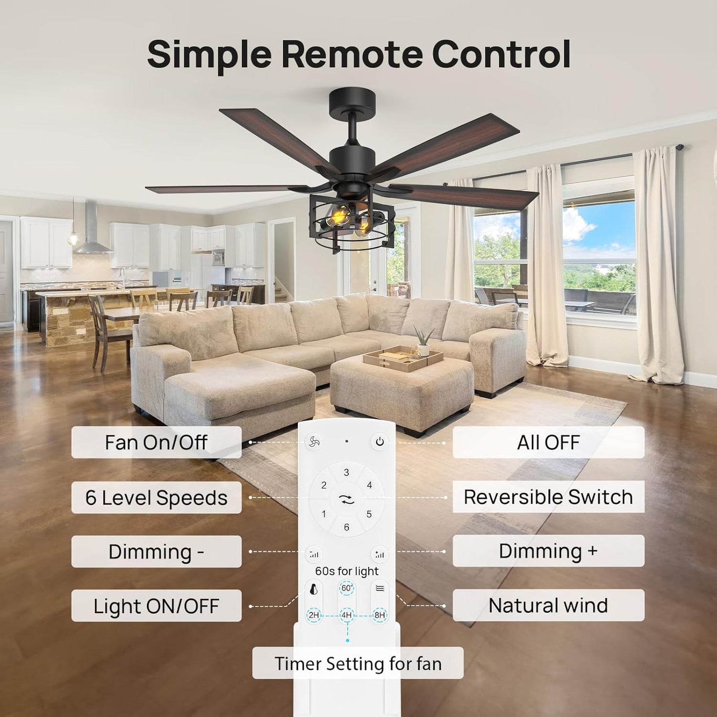 Consciot 52 Inch Ceiling Fan With Lights, Farmhouse Indoor Ceiling Fan With Remote, Quiet Reversible DC Motor, 5 Double Finish Wood Blades, Dimmable