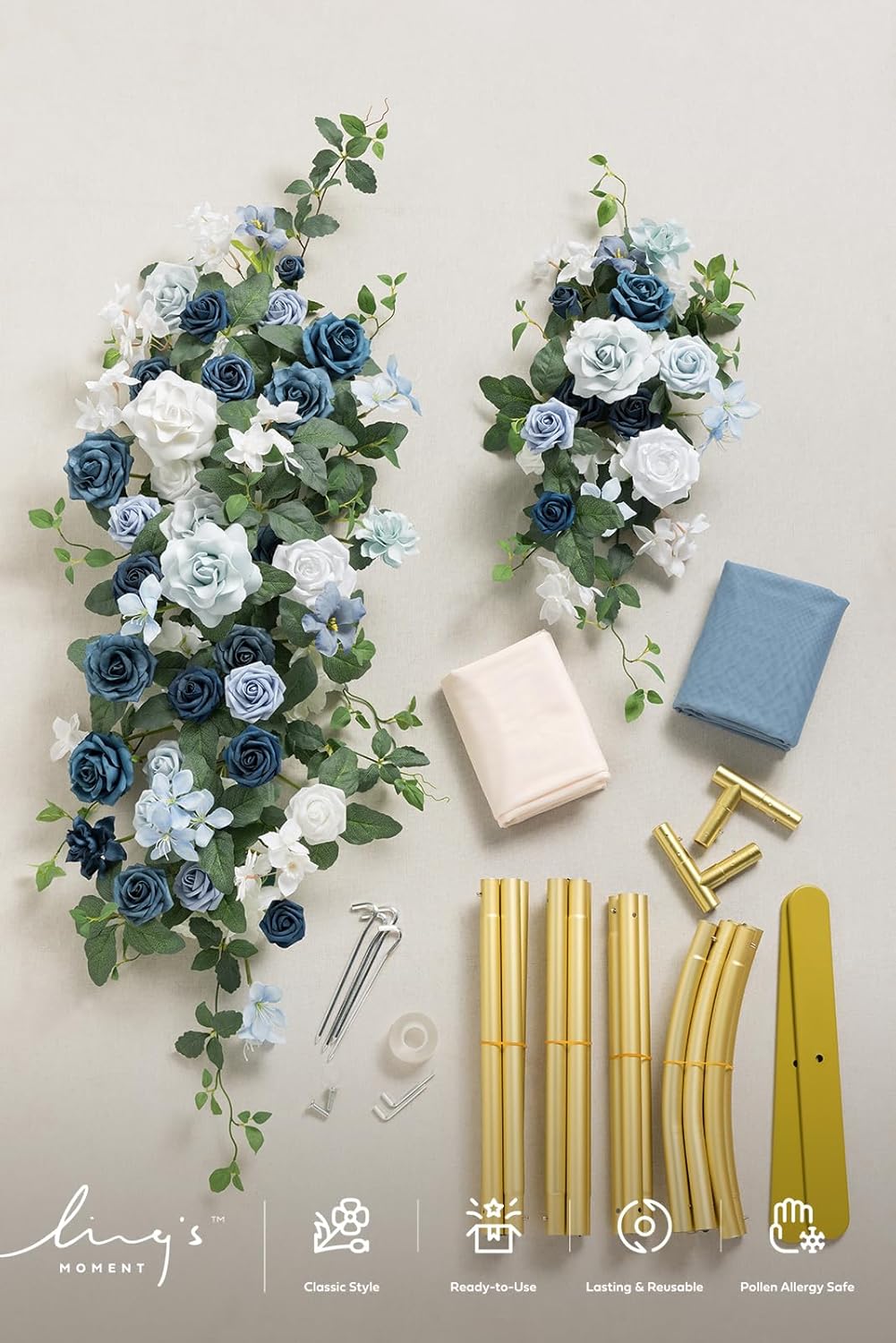 Ling's Moments Wedding Arch w/ Flowers, 7.2ft & 6ft Set of 2 Metal Arches (Dusty Blue, Navy)