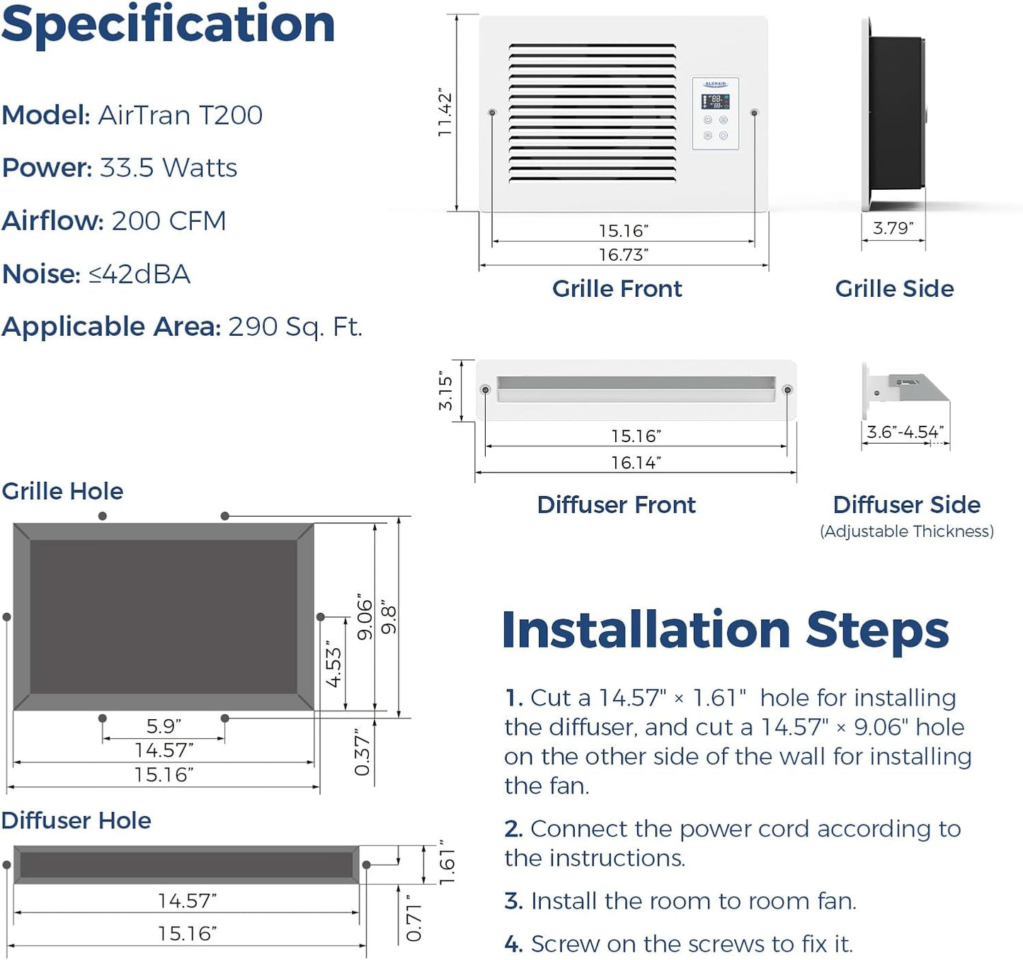 Room to Room Air Transfer Fan, Through Wall Exhaust Fan with Smart Programmed, 3-Speed with Temperature