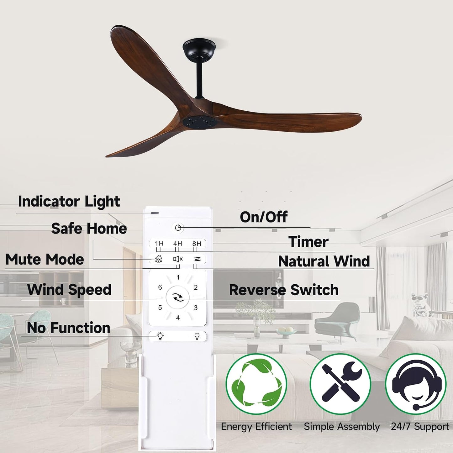 Fanawi 60" Farmhouse Ceiling Fan with Remote Control, Wood Ceiling Fan without Lights for Indoor/Outdoor - Modern Design, P