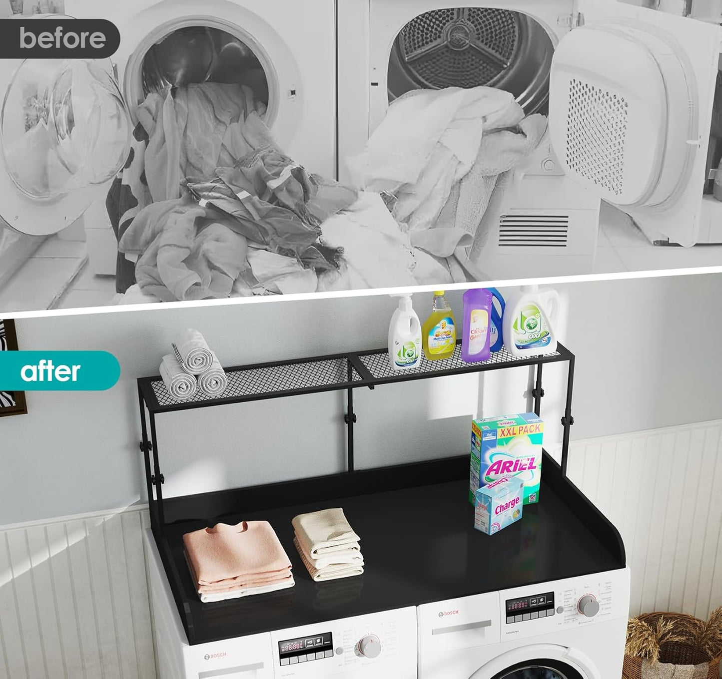 Suuiwau 2-Tier Wooden Washer Dryer Countertop with Metal Storage Shelf, 54" x 27.55" Height Adjustable Washing Machine Topper Laundry Guards