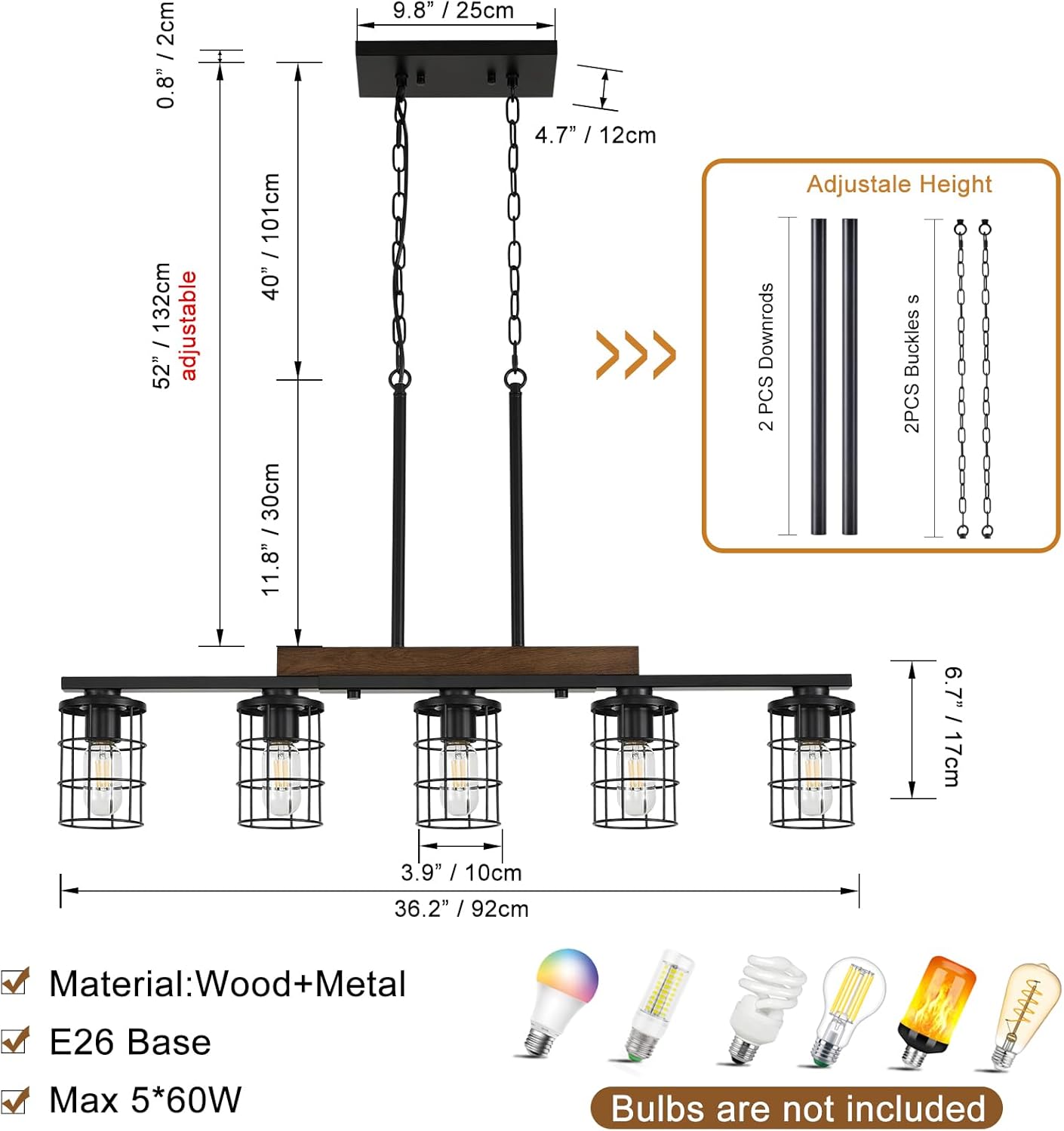 Dining Room Light Fixture/Chandelier Over Table, 36.2-Inch Hanging for Farmhouse Linear Chandeliers,5-Light Kitchen Island Lighting, Black Rustic