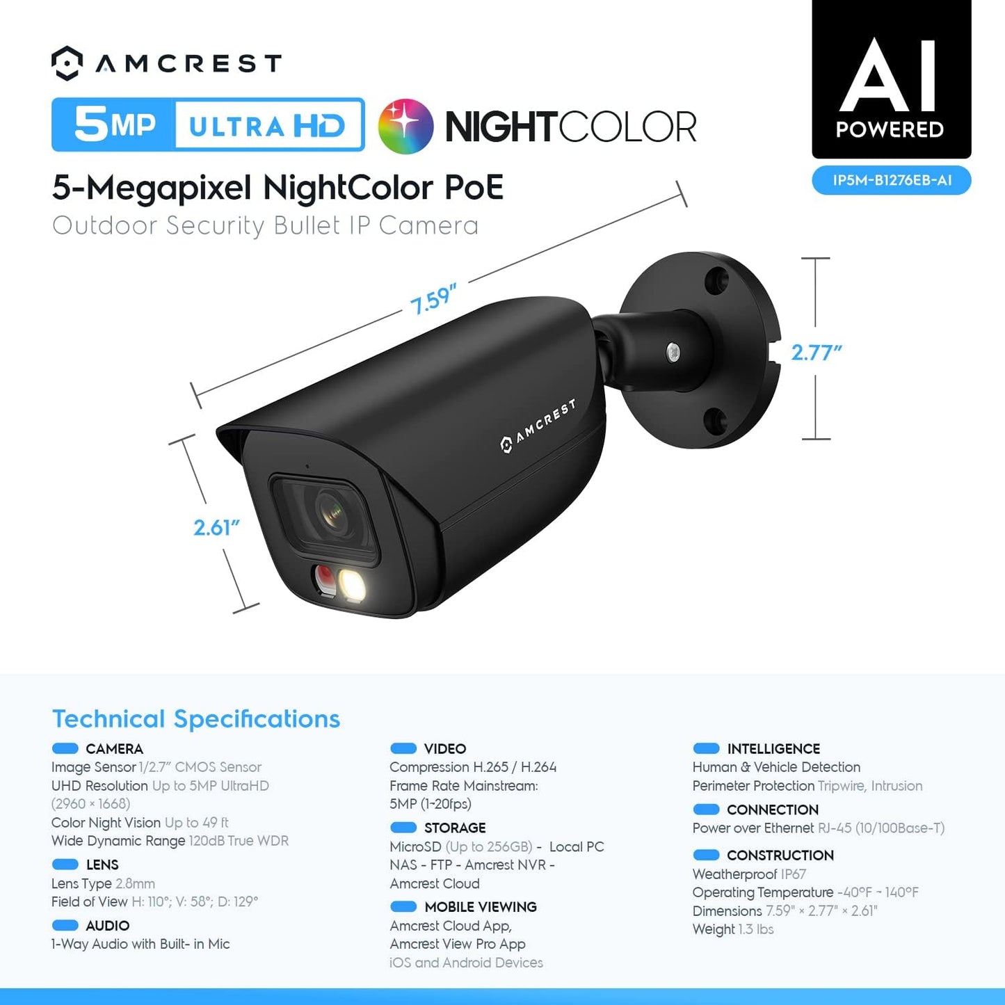 Amcrest 2PACK 5MP IP PoE AI Camera w/ 49ft Color Night Vision, Security Outdoor Bullet Camera, Built-in Mic, 2X 100ft Cat6E Cable, Active Deterrent,
