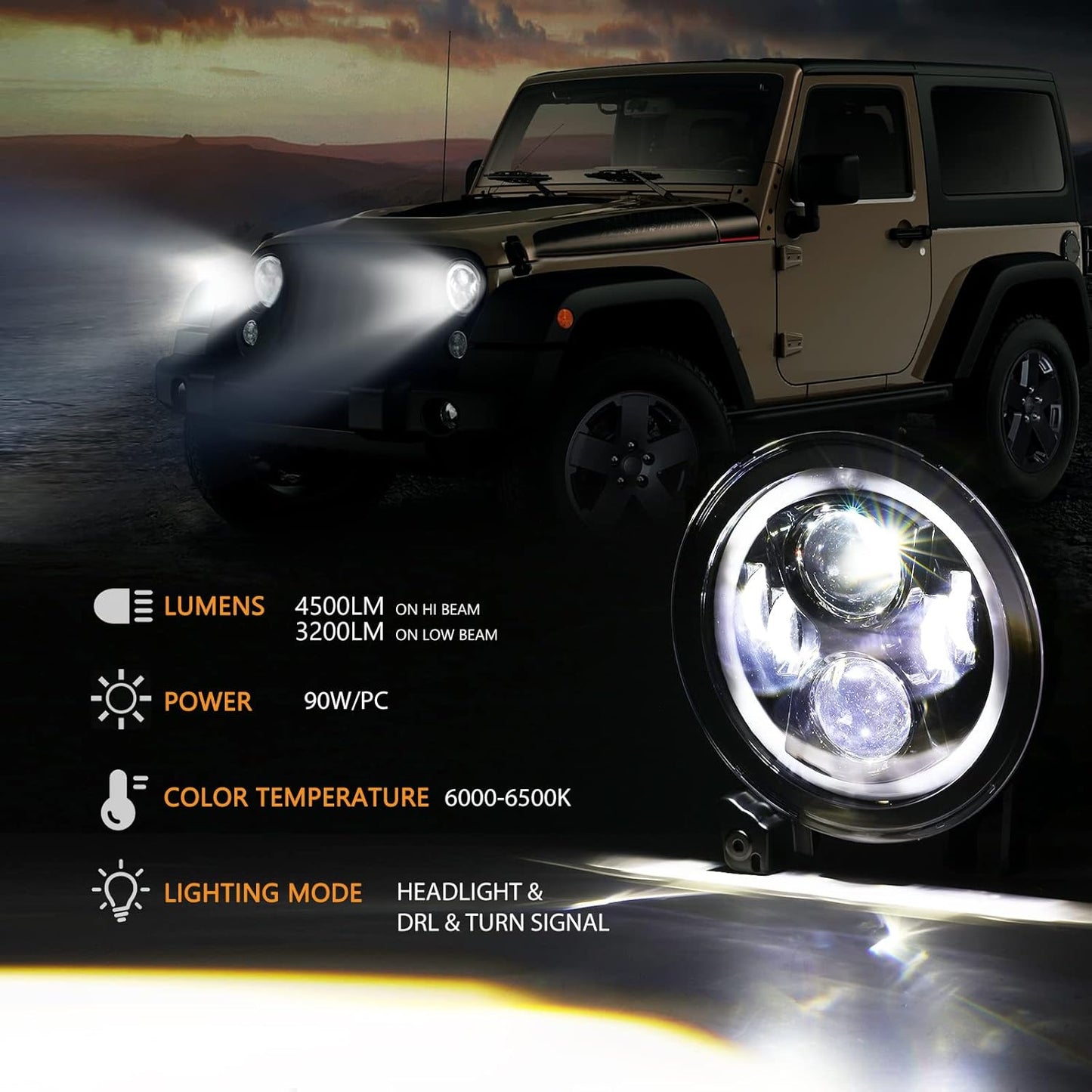 9 Inch LED Headlights with DRL & Turn Signal for Jeep