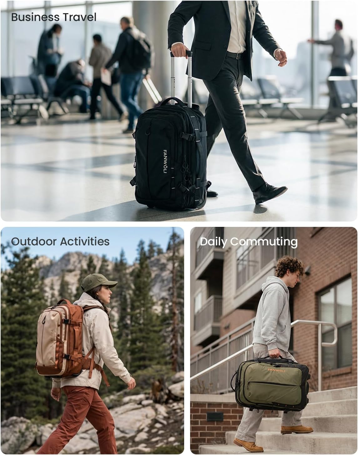 Fanwoli Rolling Vacuum Backpack Travel with One-Button Compression, 55L Expandable, Water Resistant Carry-On Suitcase Luggage, Ideal for Outdoor/Family/Trips Black