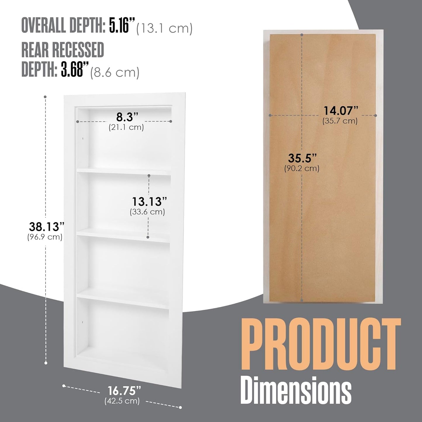 Houseables Recessed Medicine Cabinet, Wall Niche, in Shelves, Shelf Insert, 14"W x 36"H ID, 17W x 38H OD, 4 Tier,