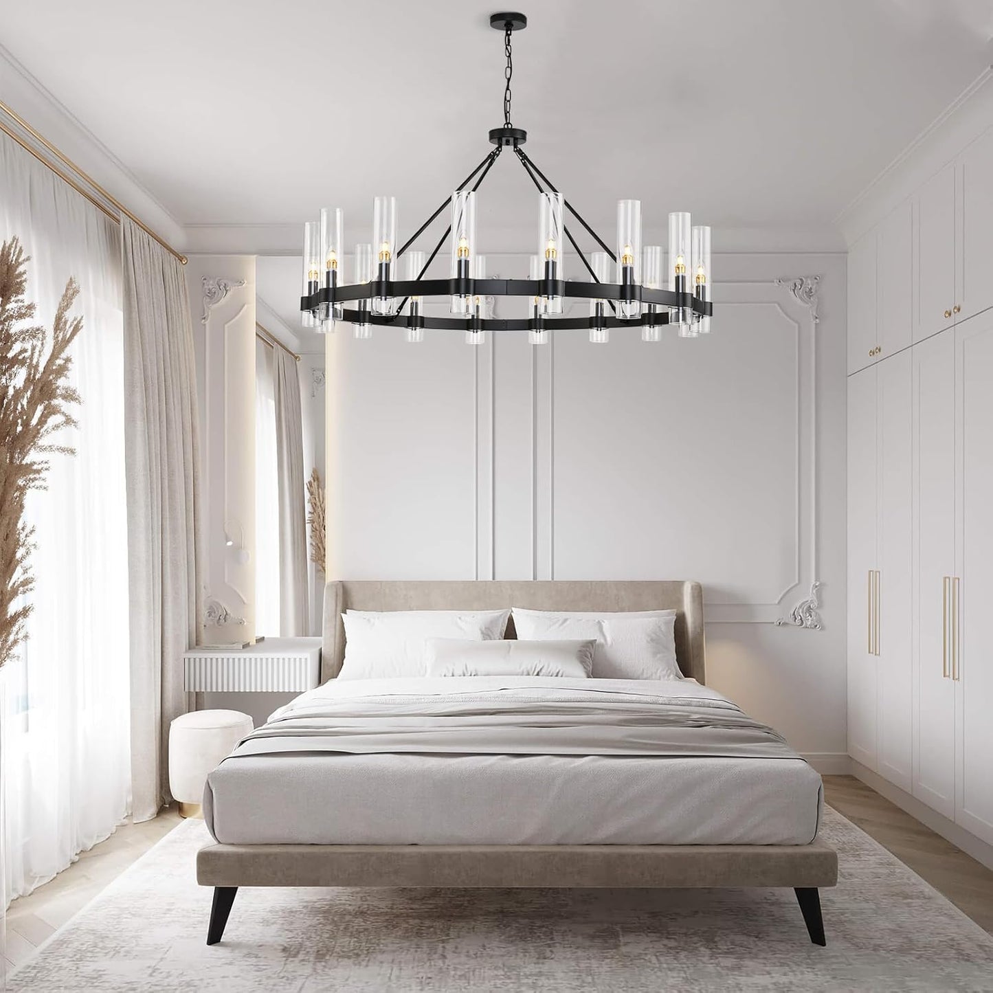 48 Inch Black Wagon Wheel Chandelier with Glass Shade, 16-Lights Black Farmhouse Chandeliers for High Ceilings, Large Round Indu