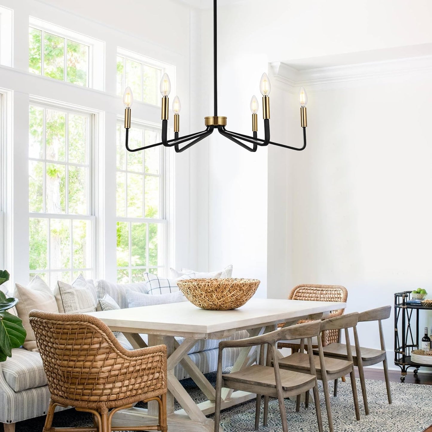 Black Farmhouse Chandelier, 6-Light Candle Dining Room Light Fixtures Over Table, Brushed Brass Modern Pendant Lights