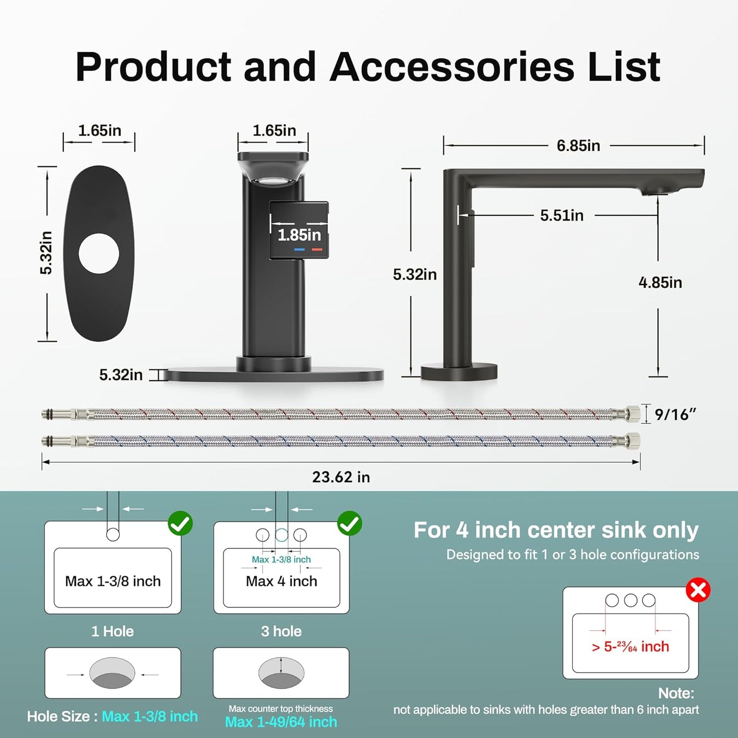 Black Bathroom Faucets 1 Hole 2 Pack, Modern Bathroom Faucet Matte Black with1-Handle, Supply Valve Core, Ceramic Cartridge, Spot-Free & Anti-Splash Finish, Inlet Pipe, 5.3" Tall, Hassle-Free Install Matte Black 2PCS