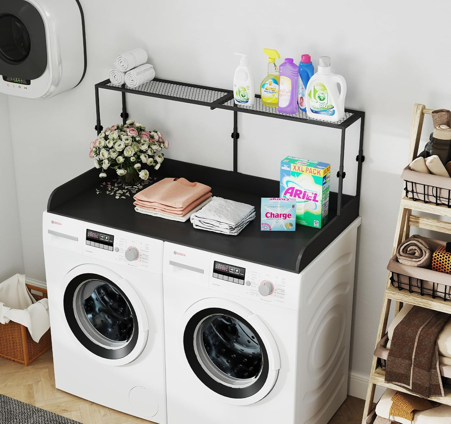 Suuiwau 2-Tier Wooden Washer Dryer Countertop with Metal Storage Shelf, 54" x 27.55" Height Adjustable Washing Machine Topper Laundry Guards