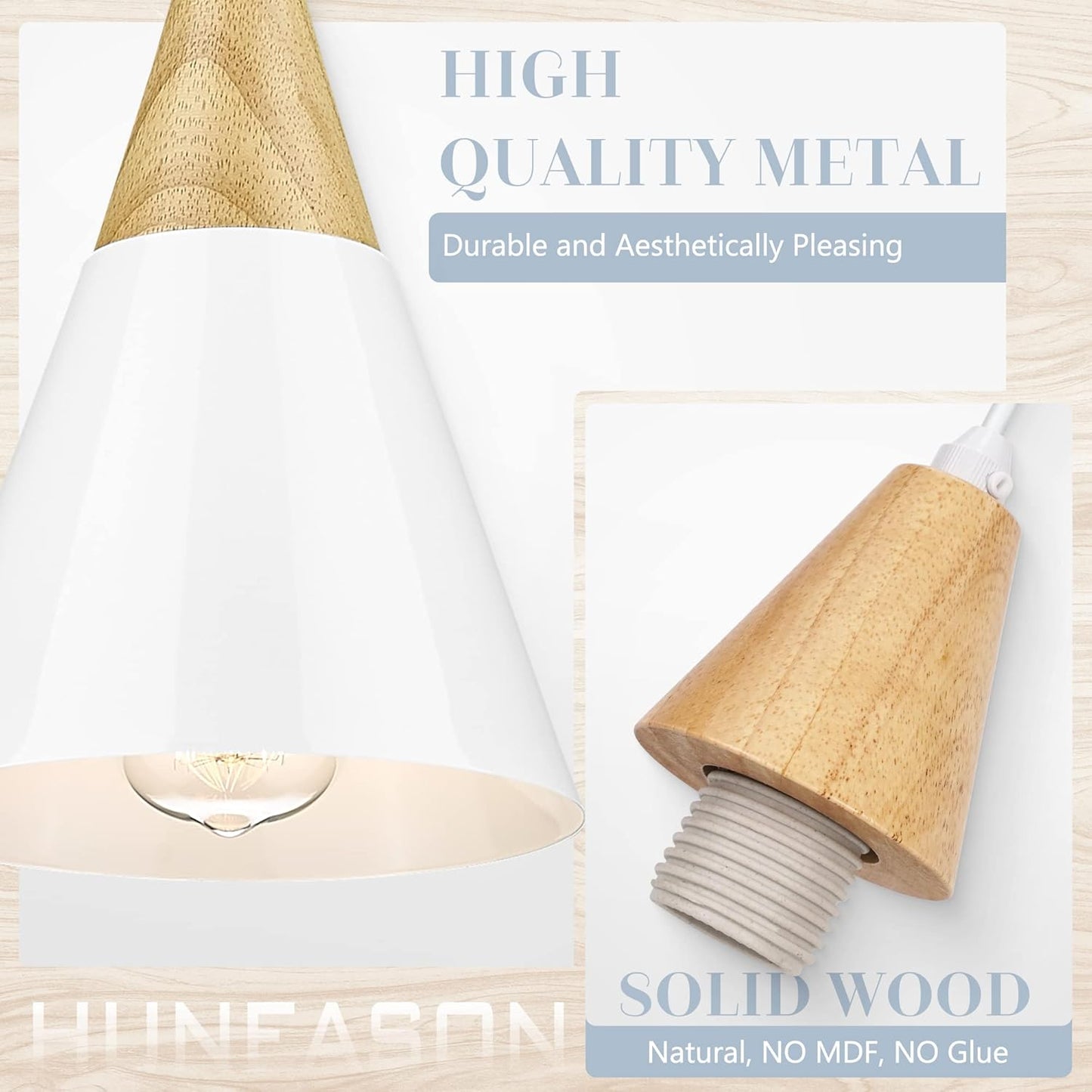 HUNEASON Pendant Lights, Modern Hanging Lamp Adjustable Height, Industrial Ceiling Pendant Lighting with Wood and Metal Shade, for Kitchen Island