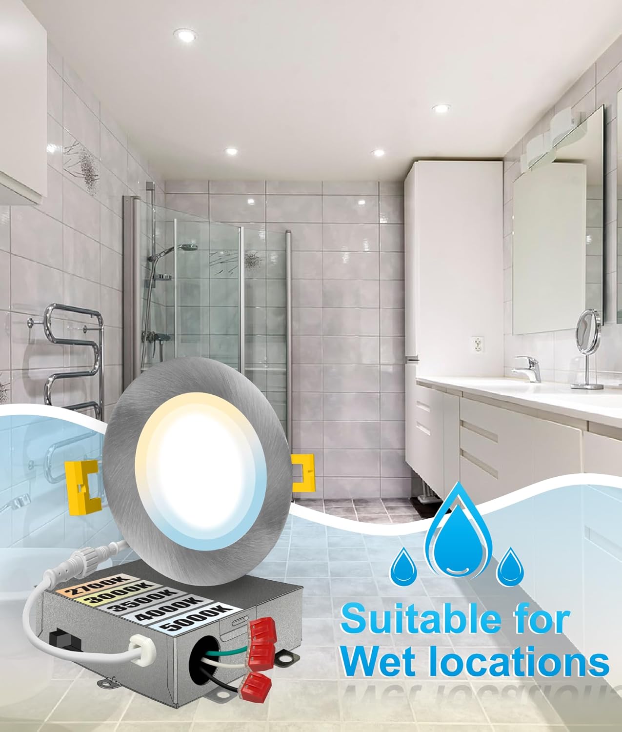 6 Pack, 4 Inch Ultra-Thin Recessed LED Lights Brushed Nickel, 5CCT 2700K/3000K/3500K/4000K/5000K Selectable, 630LM, 9W, IC Rated, Dimmable, Canless Downlight With Junction Box, Energy Star, ETL