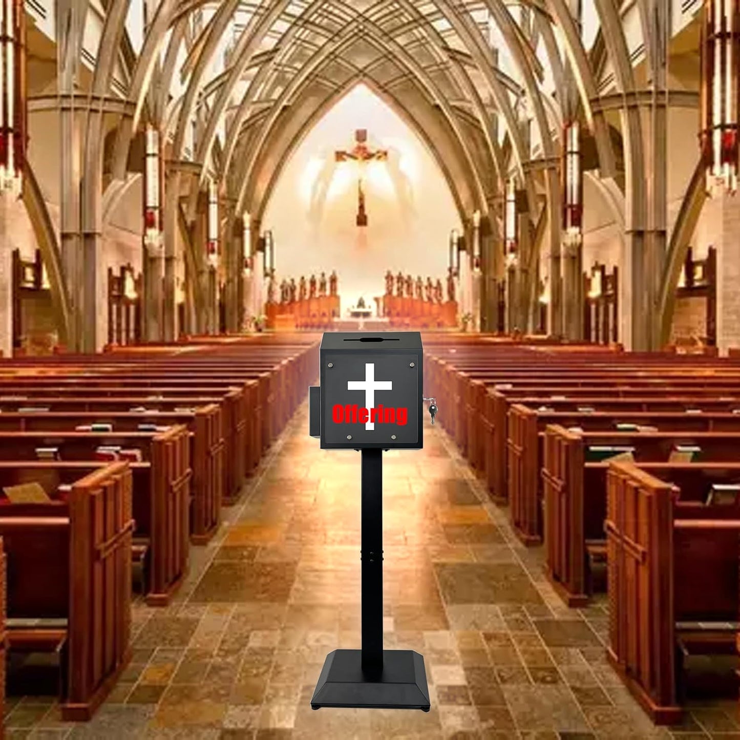 Suggestion Box with Stand, Floor Standing Metal Locking Ballot Collection Safe Box for Voting, Charity, Donation, Church, Election, Hospital Feedback, and Car Rental Key Return, Black