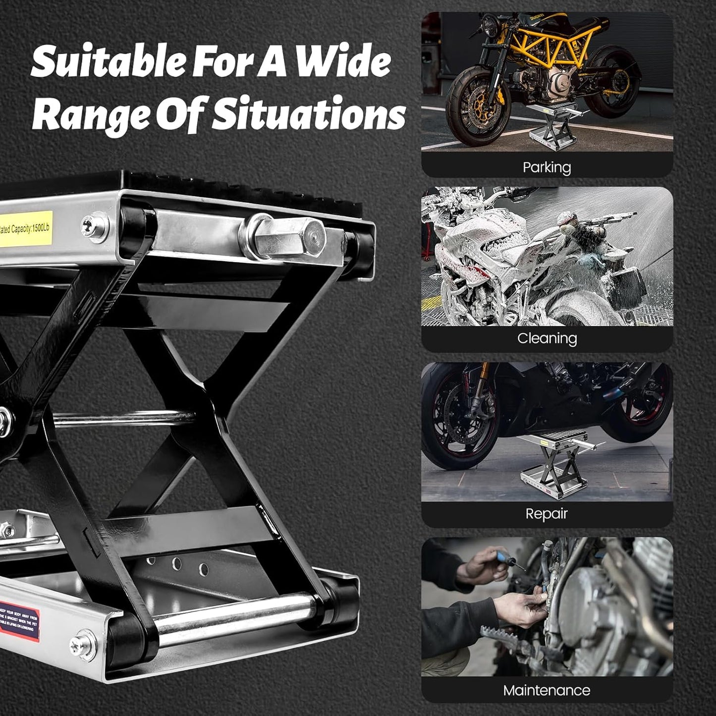 1500 LBS Motorcycle Jack, Thickened 0.48' Rubber Pad Motorcycle Stand Lift, Upgraded Labor-Saving Bearing