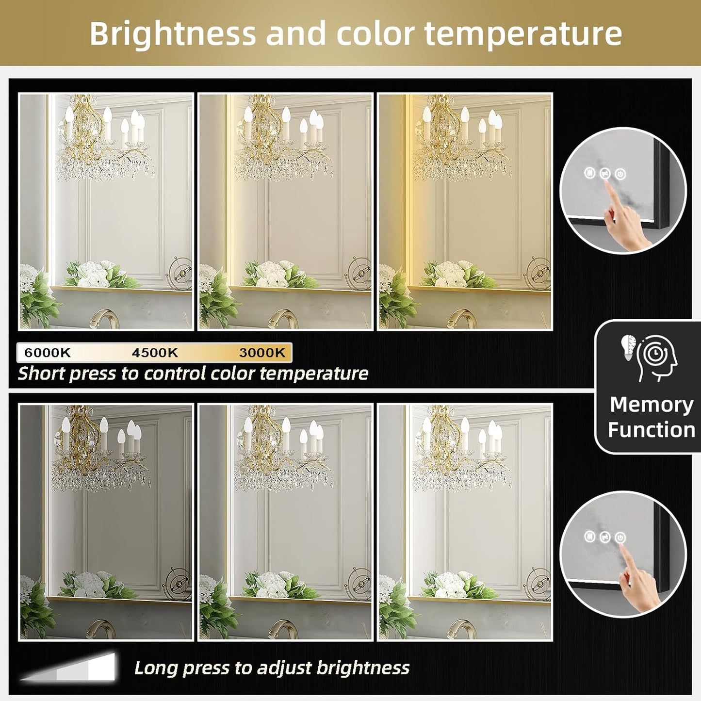 LED Bathroom Mirror with Gold Framed 28X40 Inch, LED Mirror for Bathroom with Anti-Fog, Stepless Dimmable