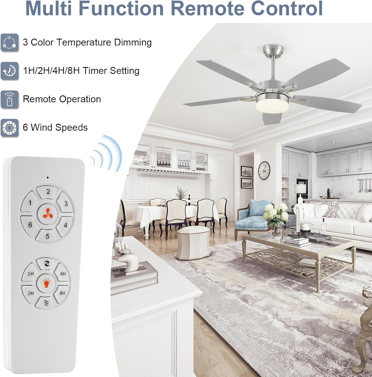 Ceiling Fans with Lights, 52 Inch Silver Ceiling Light with Fan and Remote Control, Quiet 5 Blades 4 Timer 6 Speeds