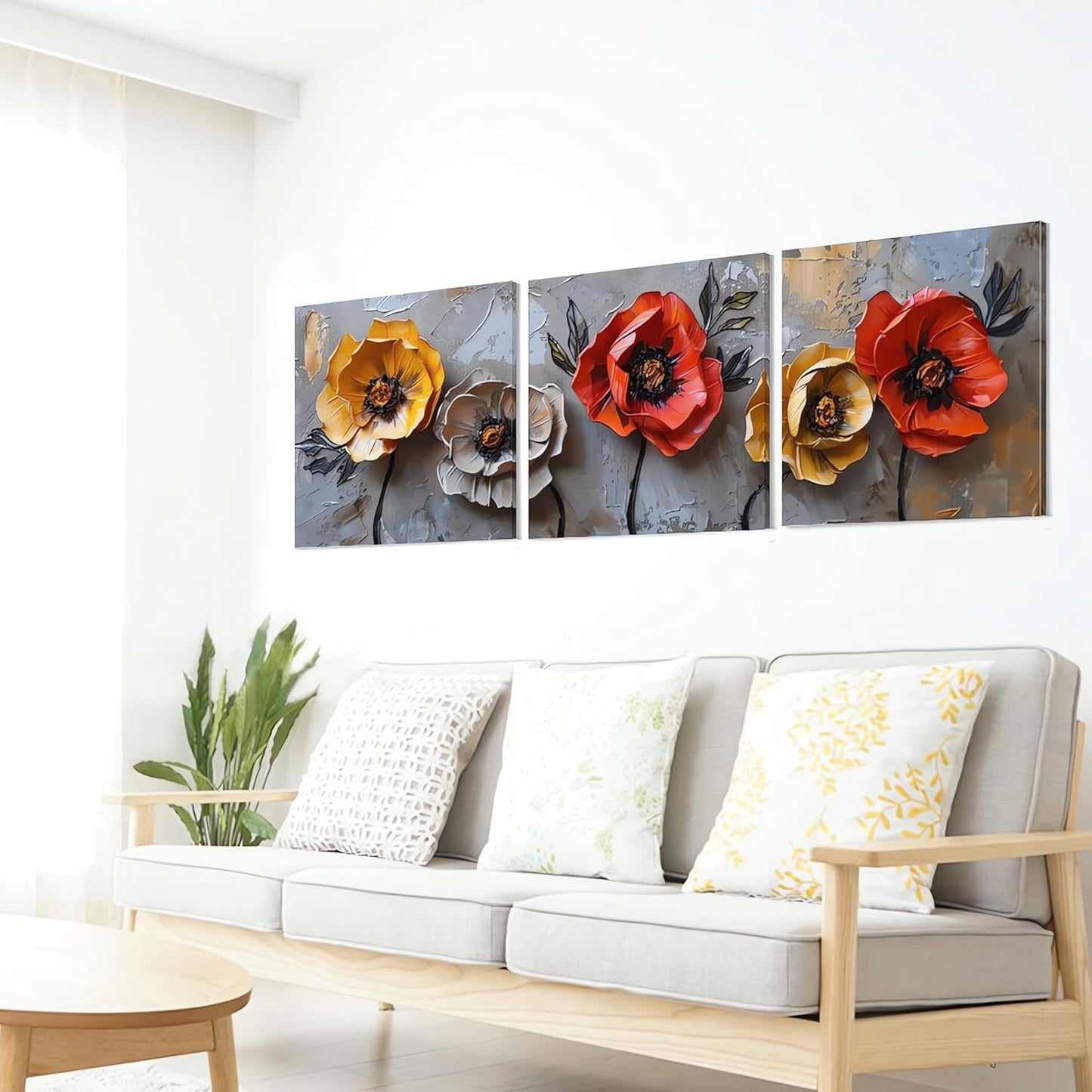 SSRTK Large Living Room Textured Wall Art Poppy Painting 3 Piece Set Canvas Flower Wall Decor for Women's Room Modern Home Bedroom Oil Painting