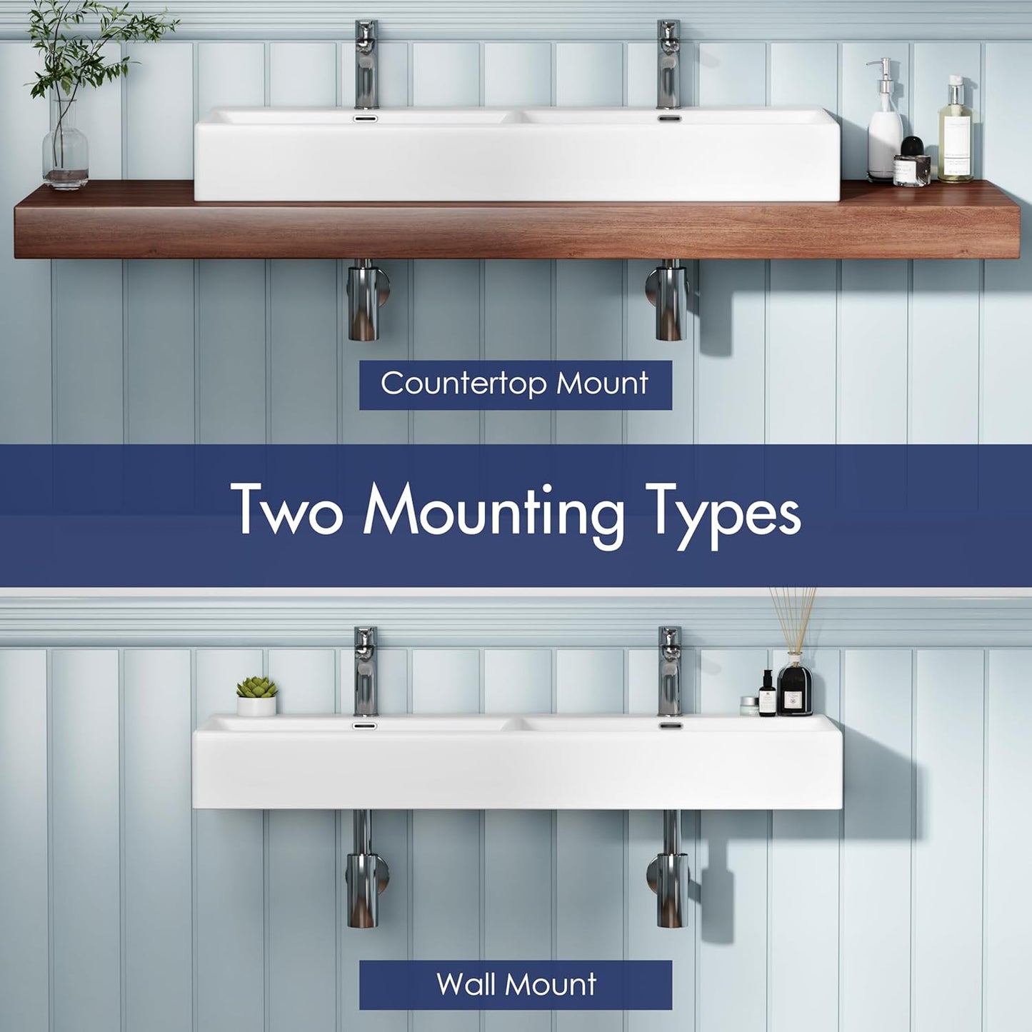Eridanus 48" x 16.5" Bathroom Sinks, Trough Sink Bathroom with Double-Bowl & Chrome Overflow, Wall Mou