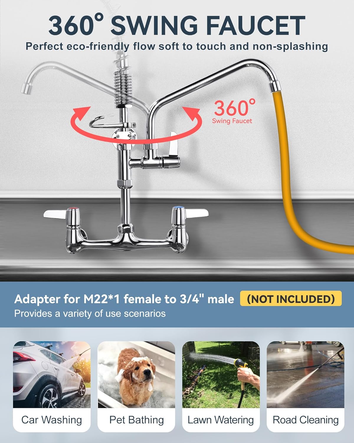 Commercial Kitchen Faucet Wall Mount: with Pre-Rinse Sprayer - ARCORA Industrial Restaurant 21" Height 8'' Center Compartment Sink Faucet