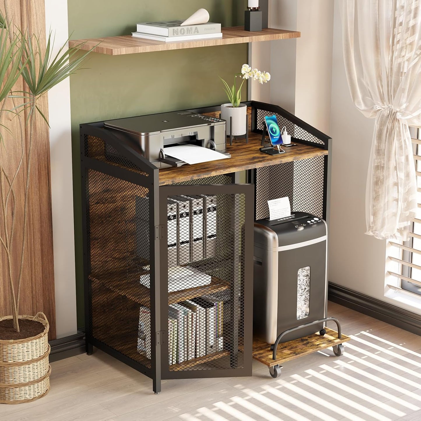 EasyCom Printer Stand with Charging Station and Paper Shredder Stand 3 Tier Lateral Printer Table with Open Storage Shelves- Printer Shelf for