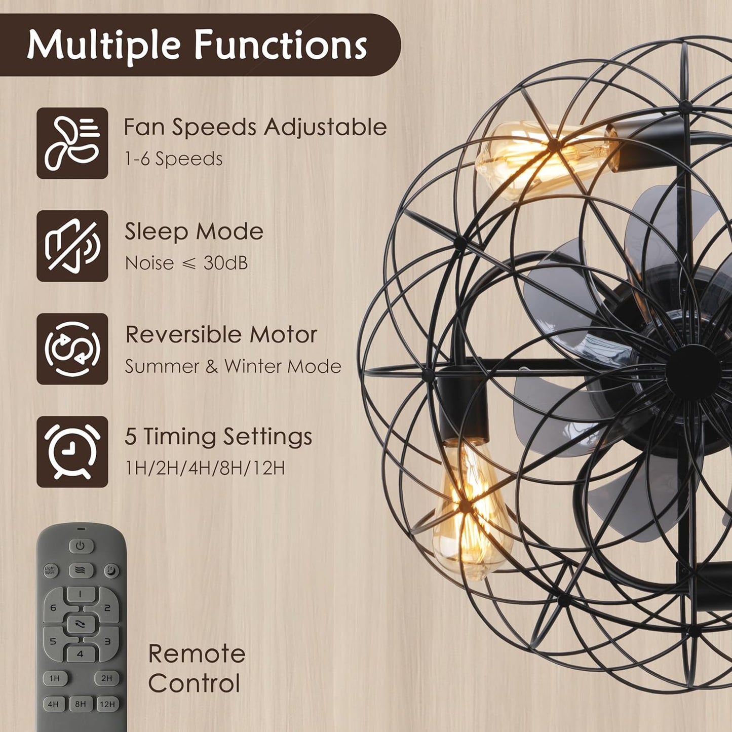 Farmhouse Caged Ceiling Fan with Lights - 20.8 Industrial LED Fans Light Dimmable - Rustic Small Black Flush Mount Fan Lighting Indoor Reversible
