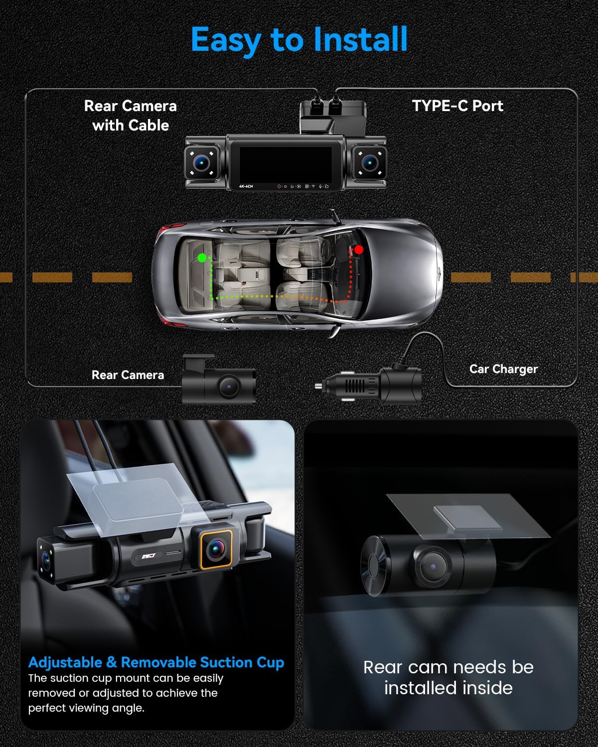 IIWEY N7 PRO 4K STARVIS 4 Channel Dash Cam, 360° View Front Rear and Dual Inside Camera, WiFi 6 & GPS, 8-IR Night Vision, 2160P Dash Camera for Cars, 3.18" IPS, 24/7 Parking Mode, Free 64GB Card